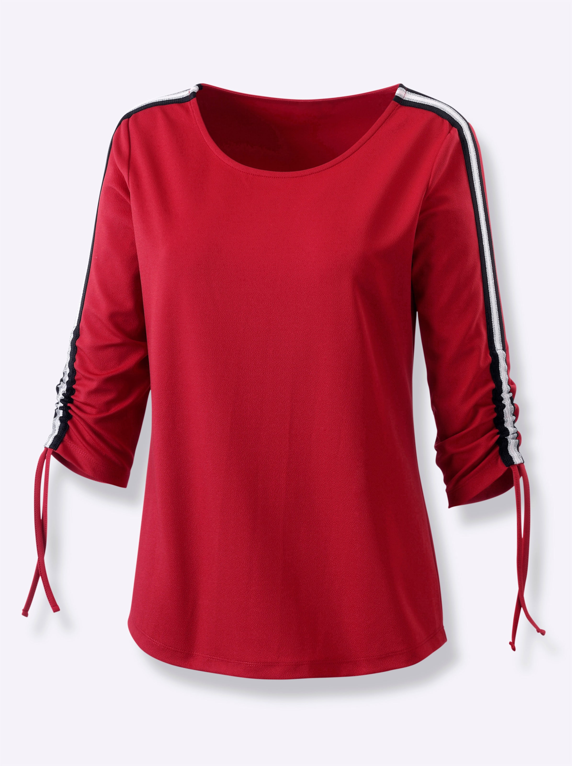 Individuell günstig Kaufen-3/4-Arm-Shirt in rot von heine. 3/4-Arm-Shirt in rot von heine <![CDATA[Bei diesem Shirt treffen sportive, teils mit Glanzgarn versetzte Kontraststreifen auf verspielte Details: Dank der Bänder an den 3/4-Ärmeln können diese individuell in der Länge g