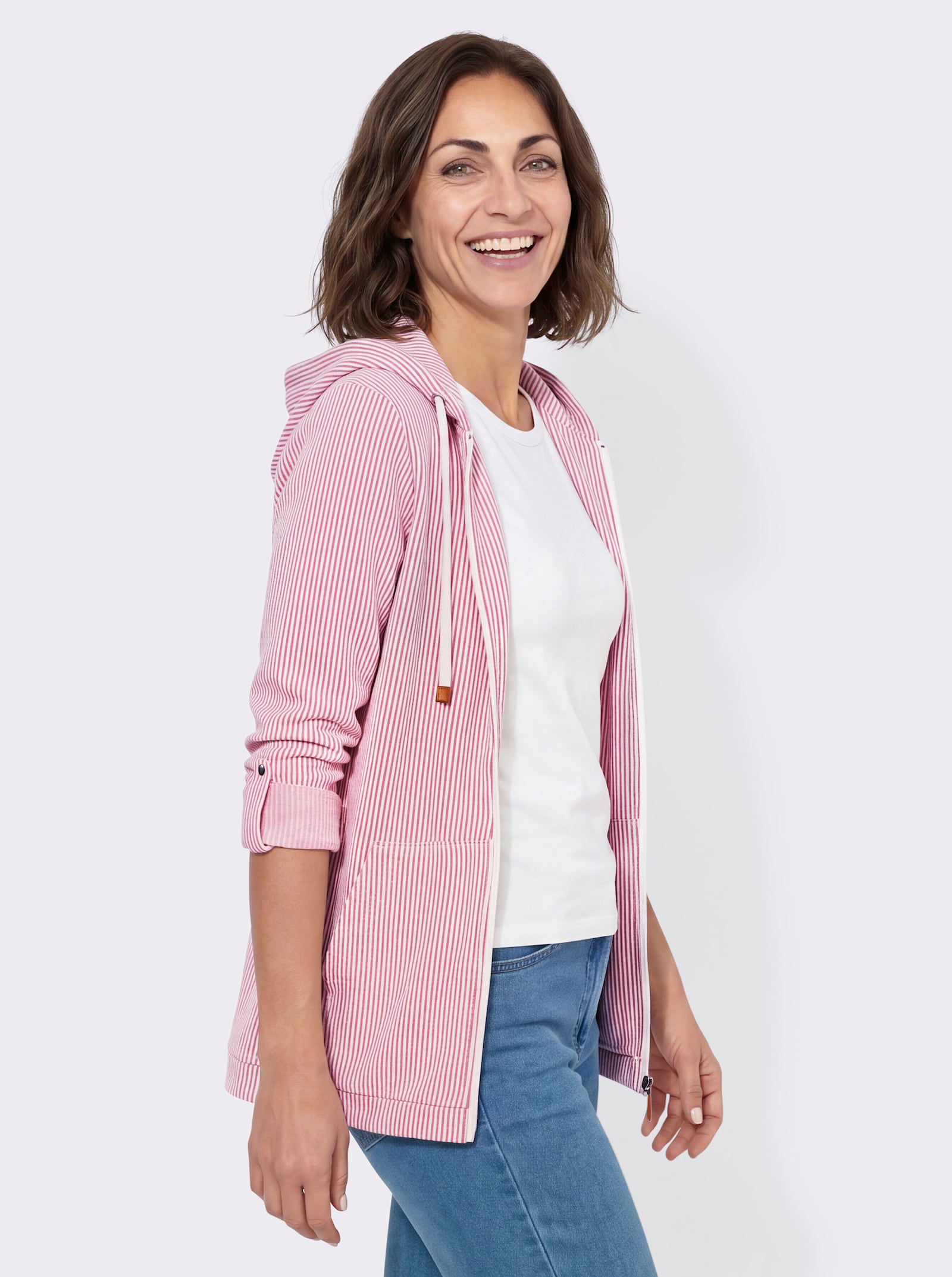 Sweatjacke mit Känguru-Tasche - fuchsia-ecru-gestreift