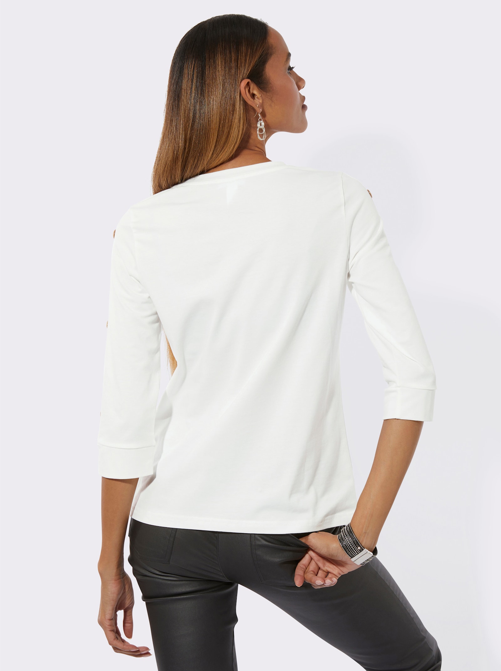 Rundhalsshirt mit Zierknopfleiste - ecru-schwarz-bedruckt