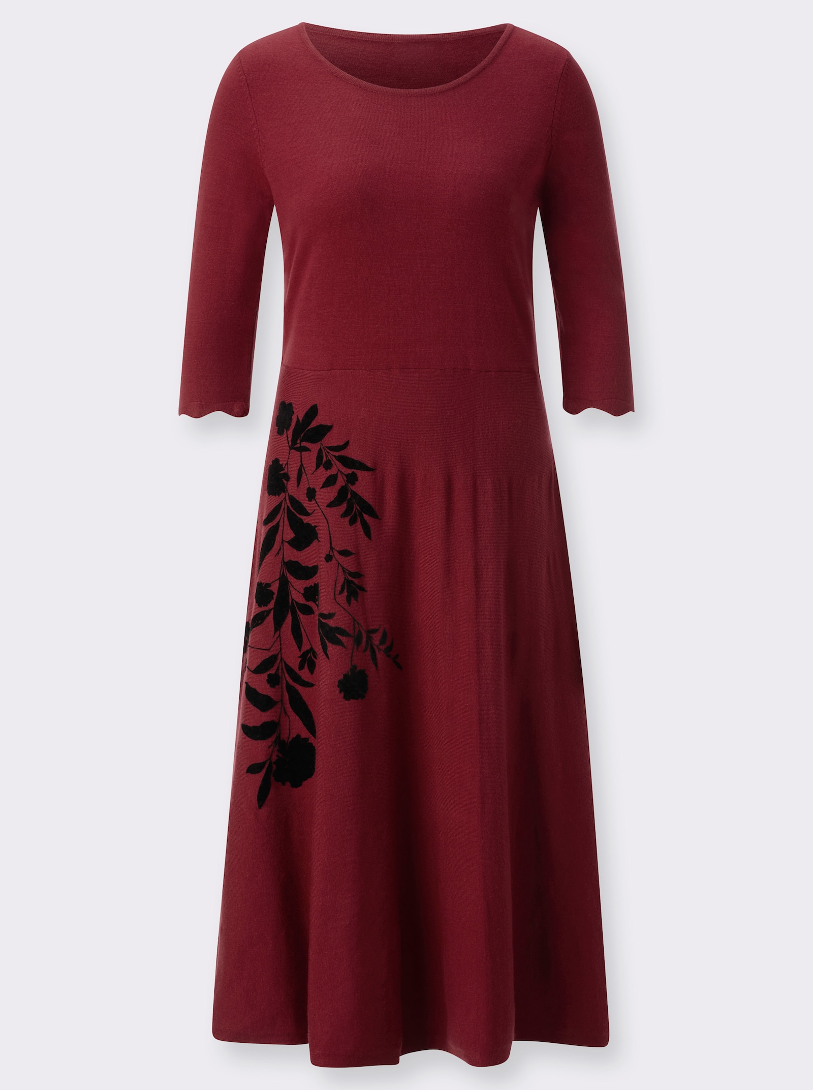 Strickkleid mit samtigem Flockdruck - dunkelrot