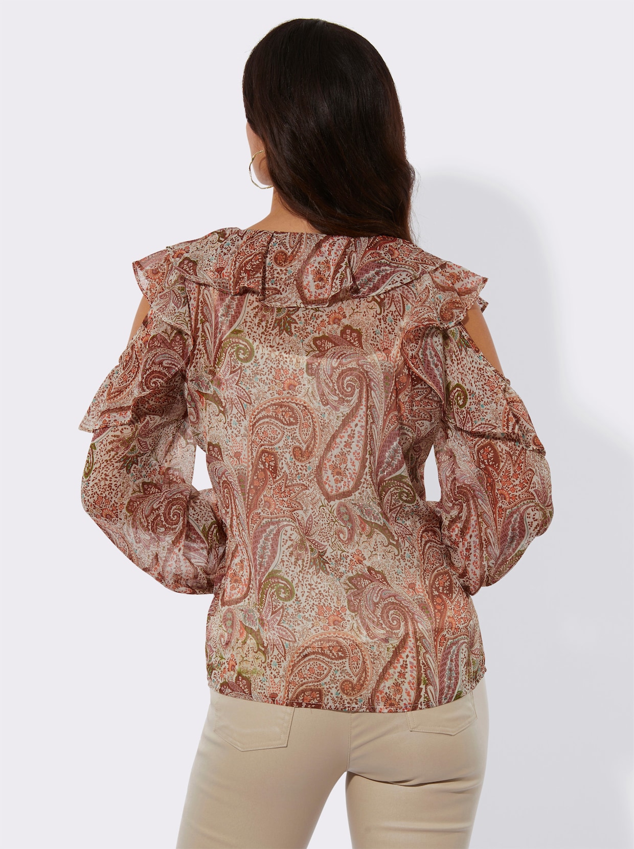 Chiffonbluse mit goldfarbigen Glanzfäden - ecru-papaya-bedruckt