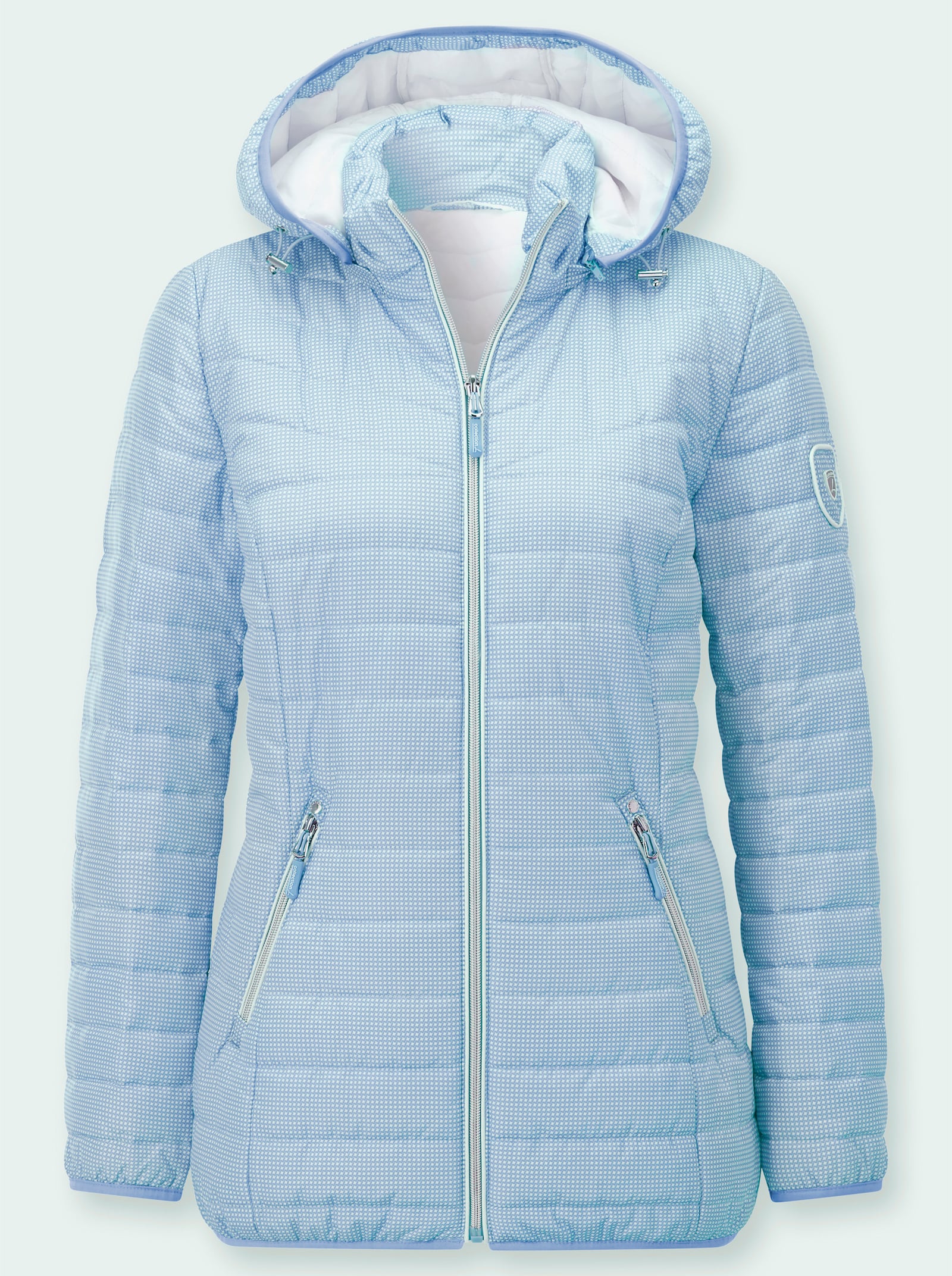Gewatteerde jas met afneembare capuchon - ijsblauw/wit bedrukt