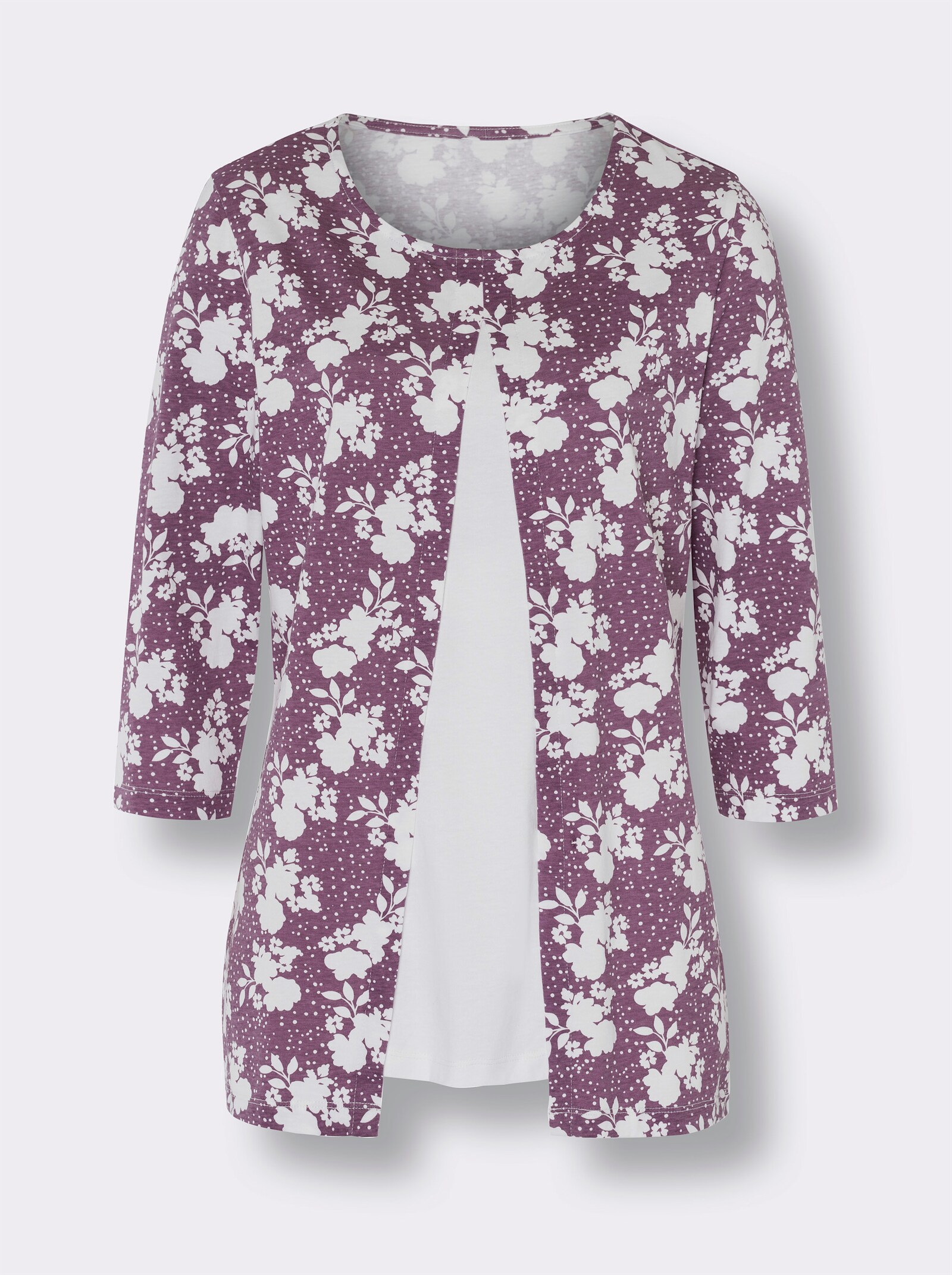 2-in-1-Shirt in längerer Form - violett-ecru-bedruckt