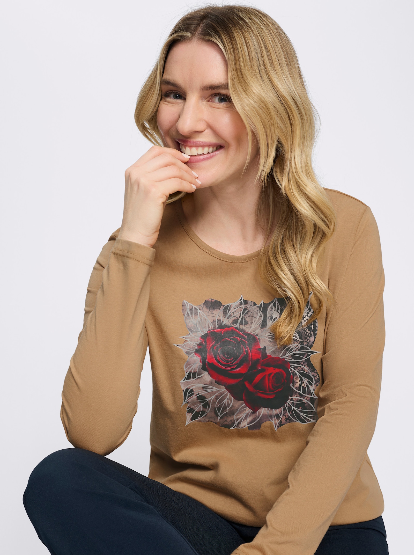 Langarmshirt mit platziertem Rosen-Leo-Print - camel