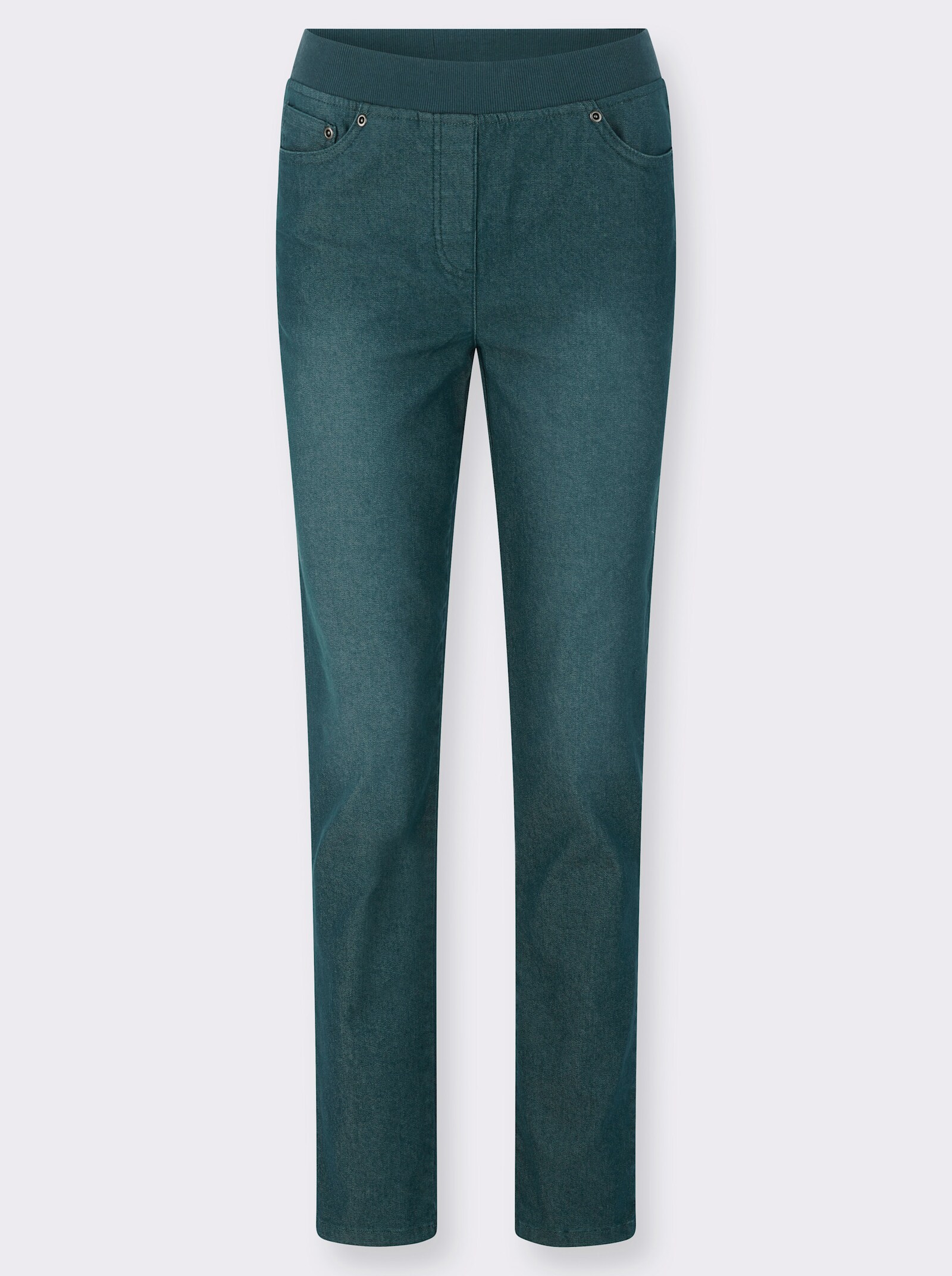 Schlupfjeans mit geripptem Strick-Dehnbund - petrol