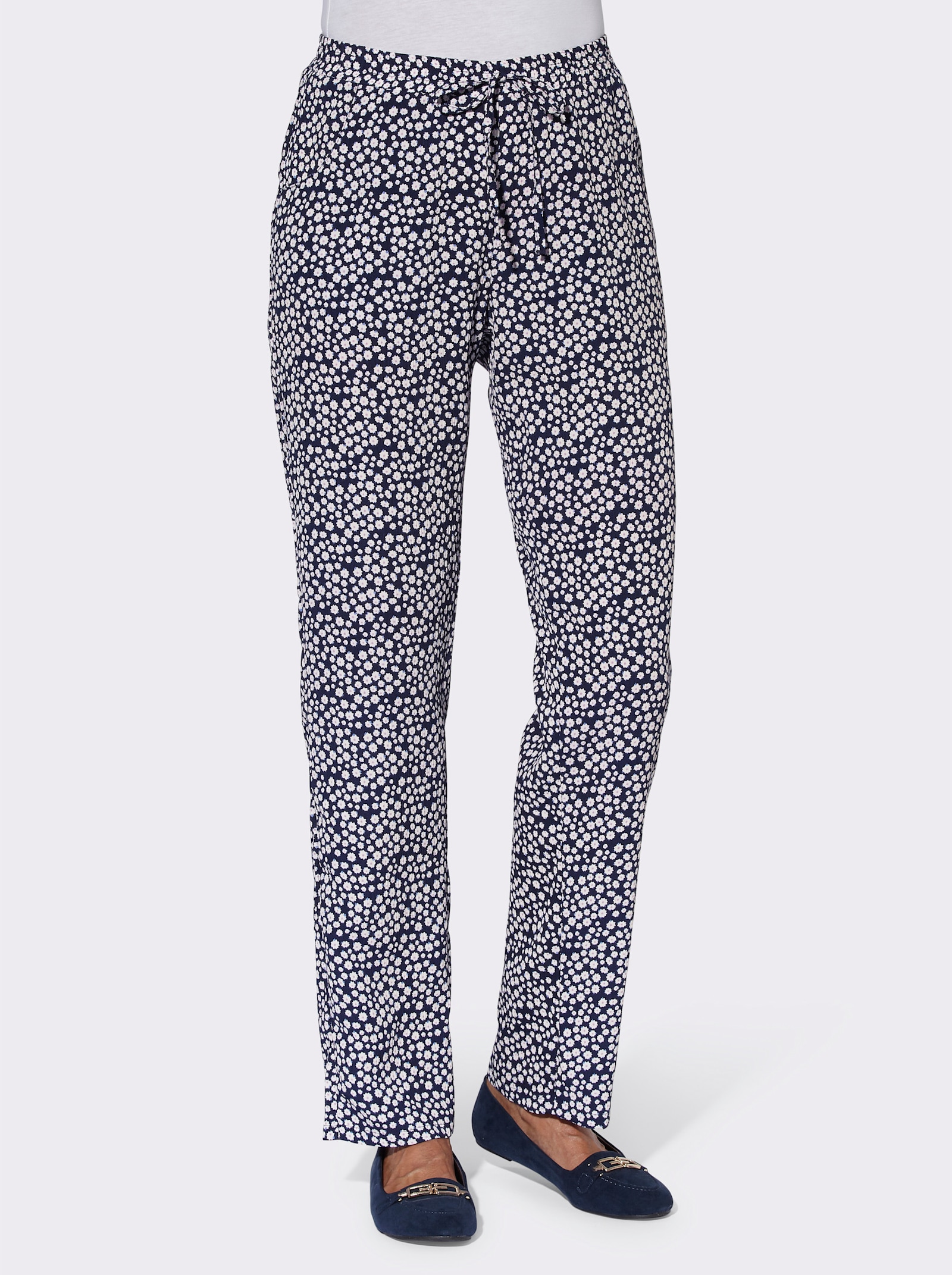 Comfortbroek met sierband - nachtblauw + nachtblauw/wit bedrukt