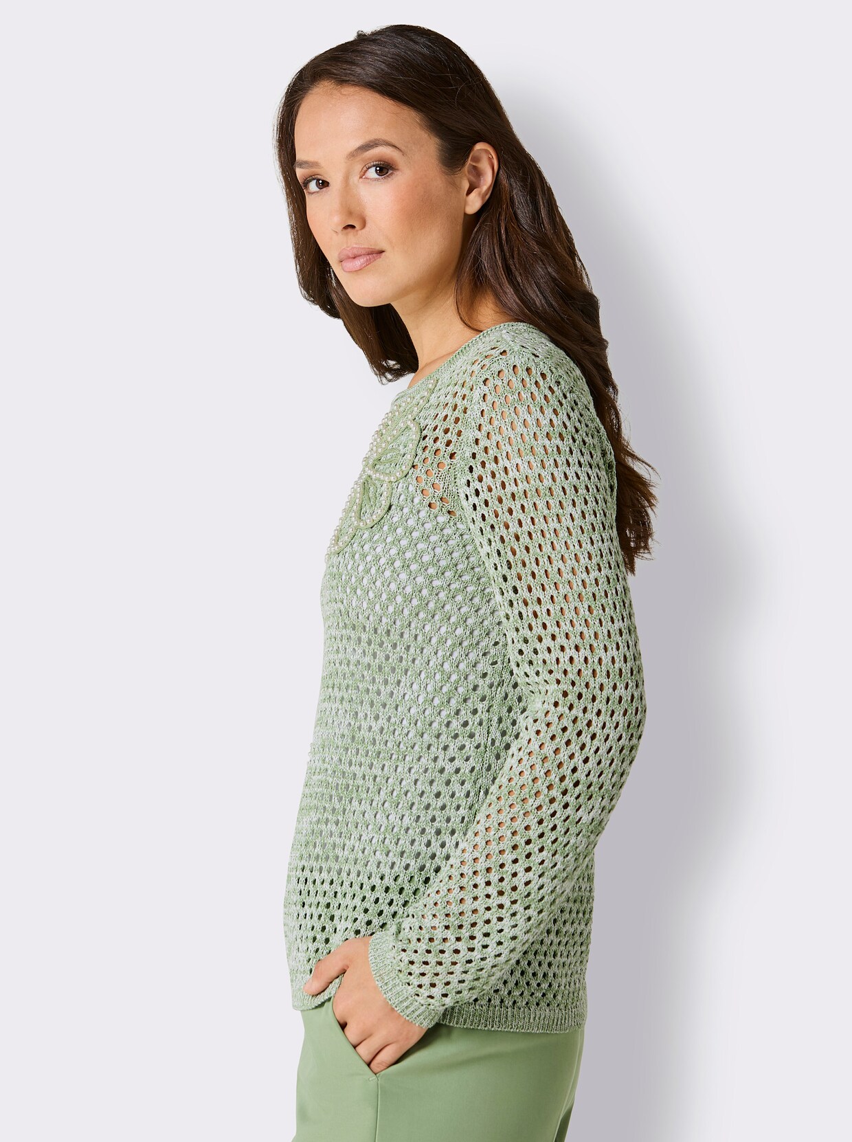 CREATION L PREMIUM Ajourpullover - eucalyptus-ecru-meliert