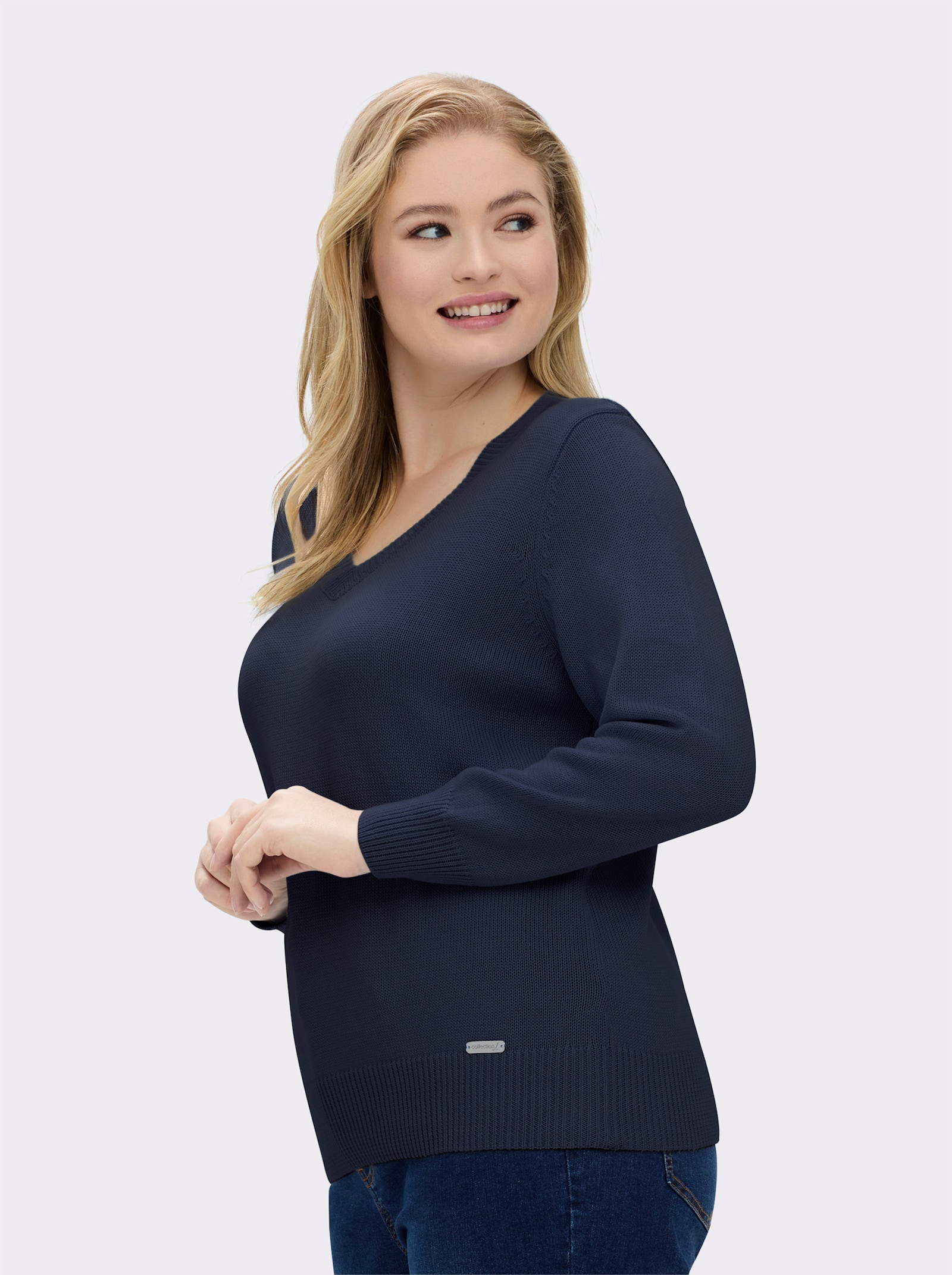 V-Ausschnitt-Pullover mit Baumwolle - marine