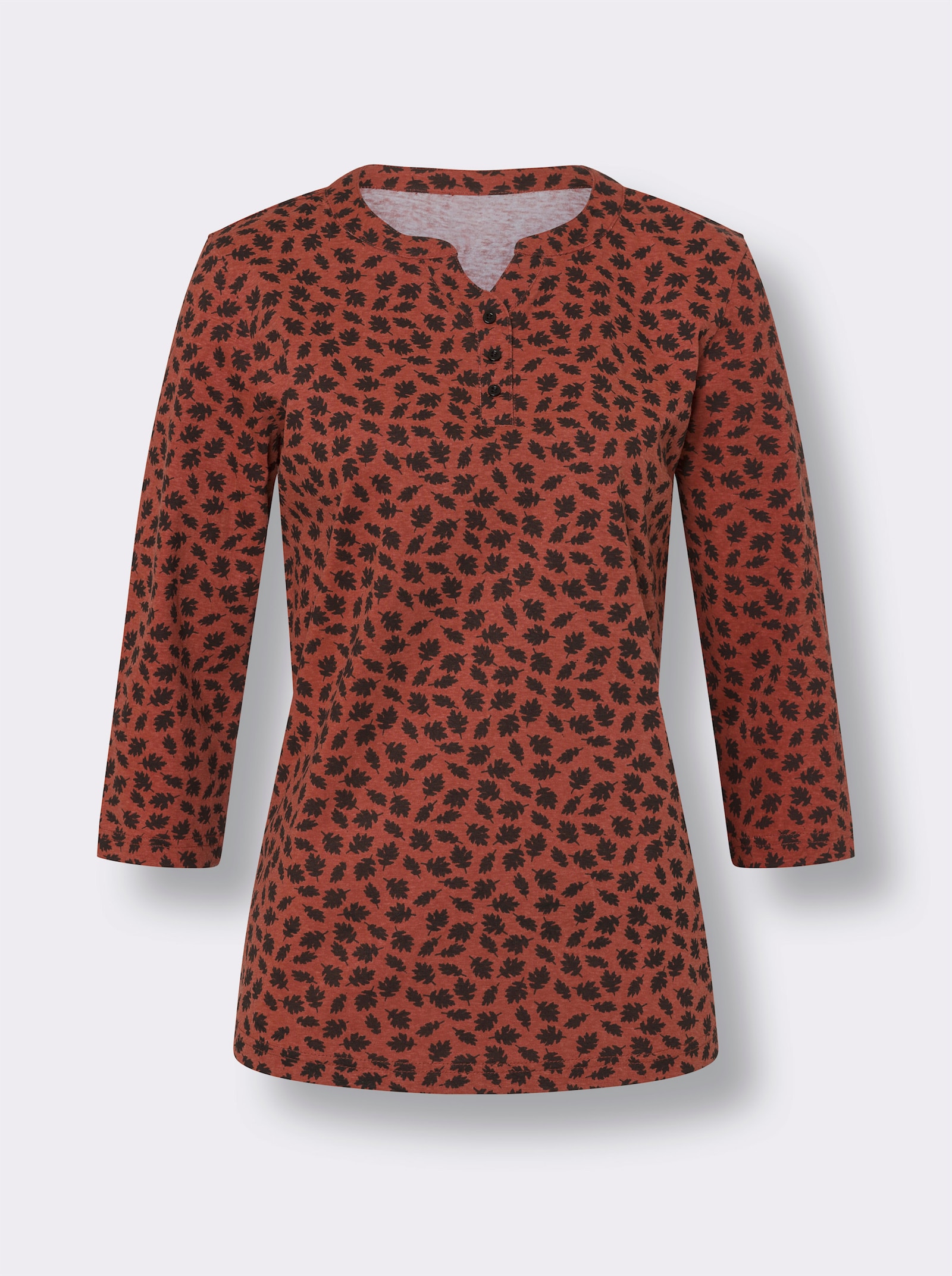 Tričko s 3/4 rukávem a vzorem listí - rezavá-černá-potisk