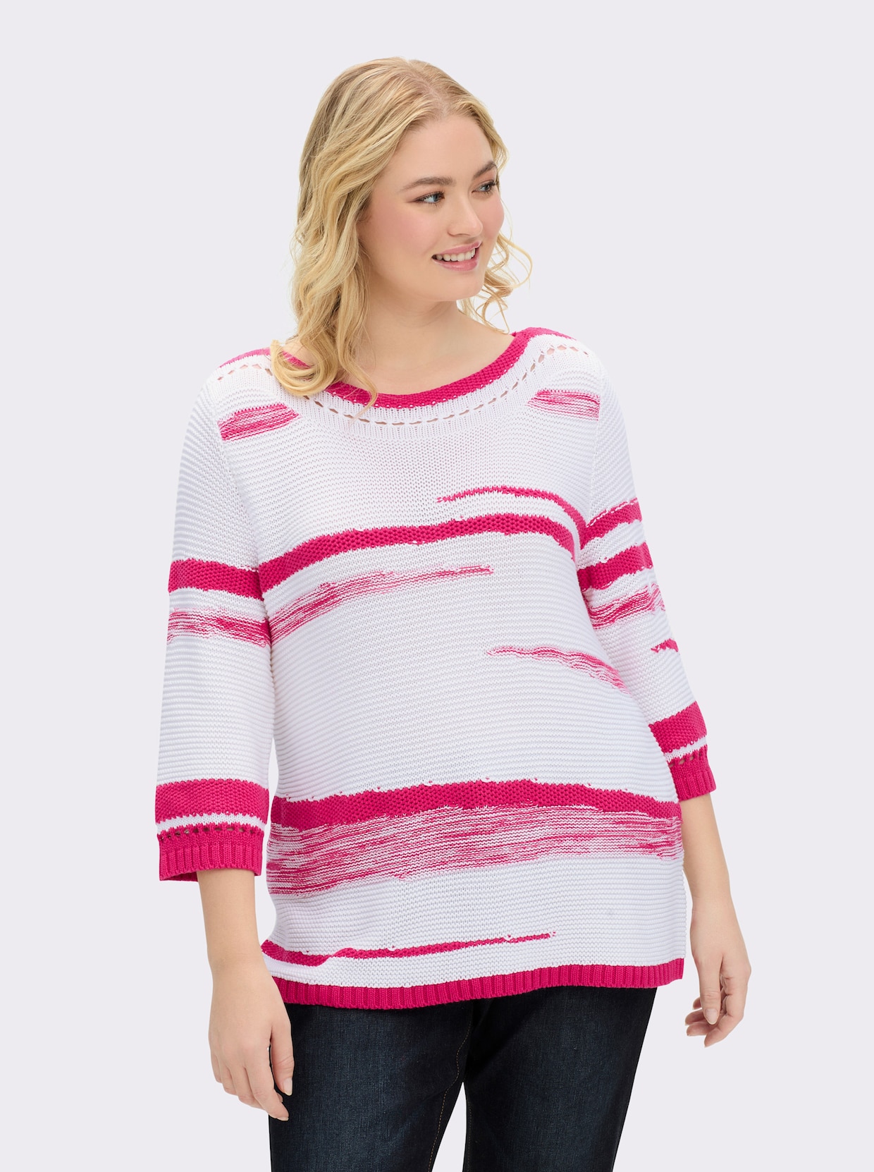 3/4 Arm-Pullover mit Lochmuster - weiß-pink-gemustert