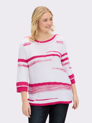 3/4 Arm-Pullover mit Lochmuster - weiß-pink-gemustert