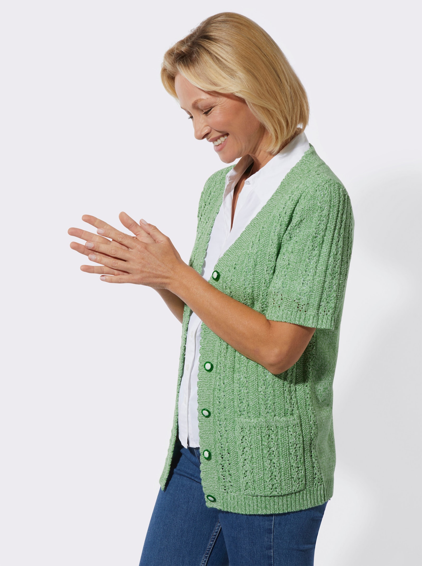 Ajourstrickjacke mit Taschen, aufgesetzt - apfel-ecru-meliert