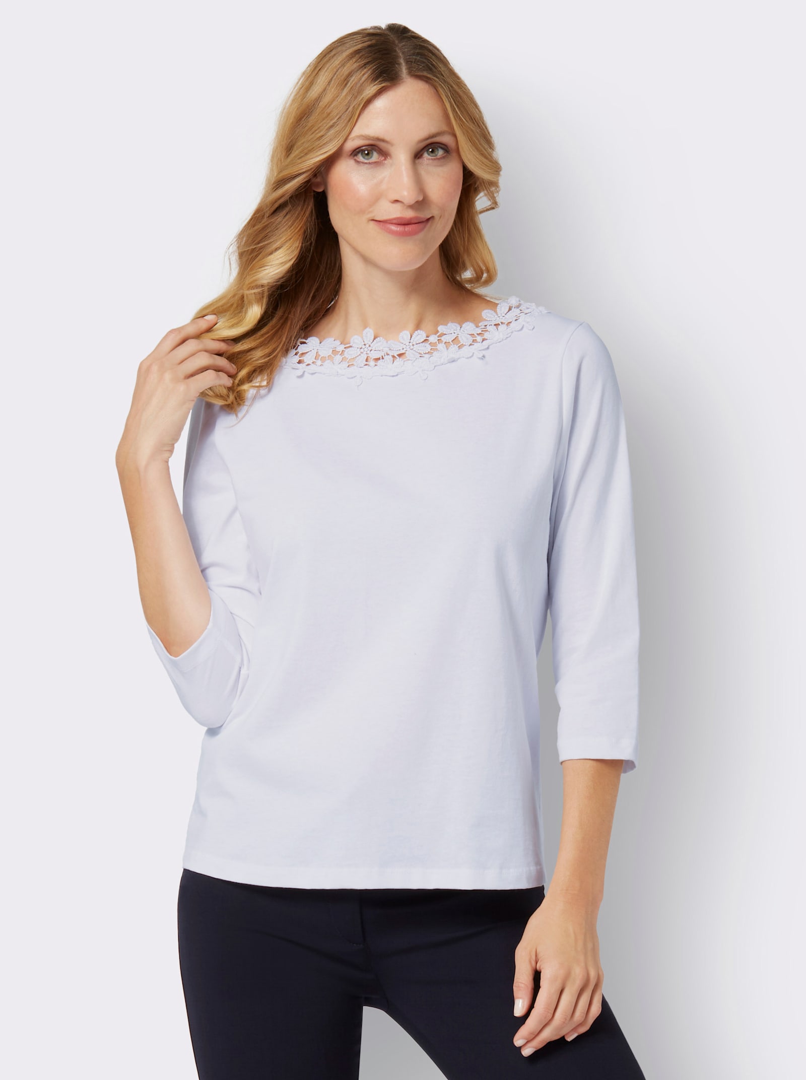 3/4-Arm-Shirt mit transparenter Blüten-Spitze - weiss
