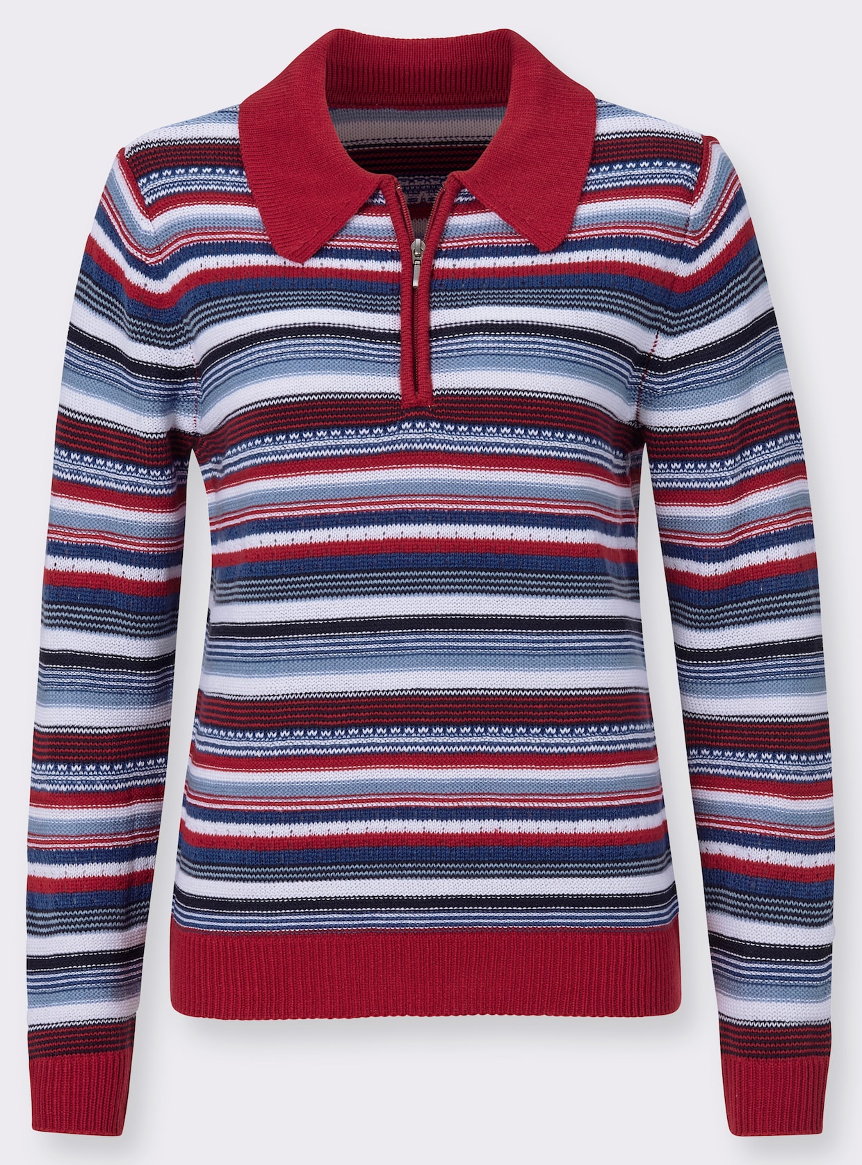 Langarm-Pullover - rot-jeansblau-geringelt