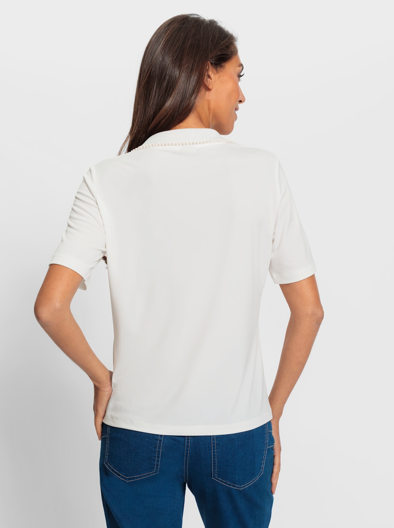 heine Shirt met korte mouwen en sierkralen op de polokraag - ecru