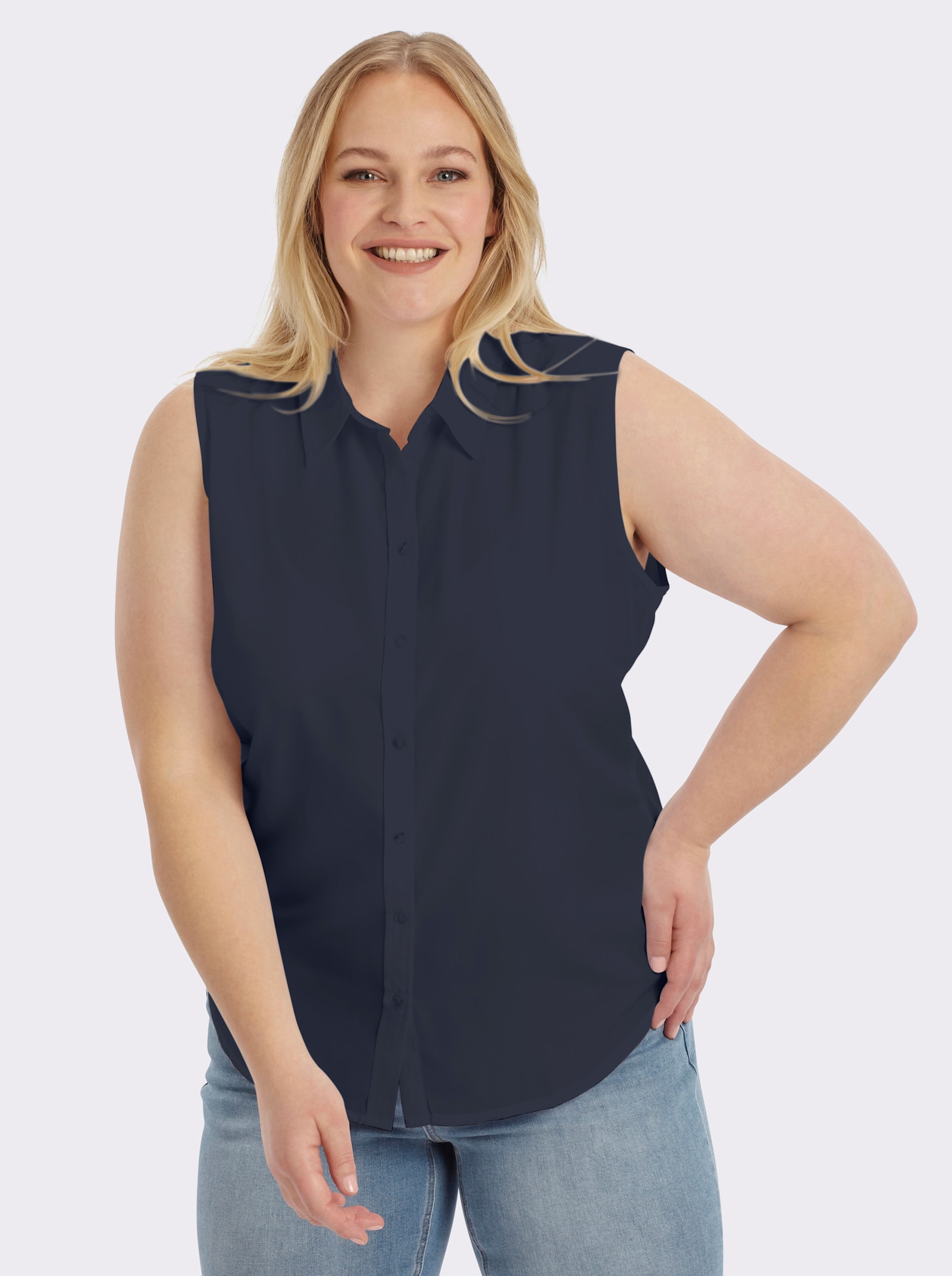Ärmellose Bluse mit Hemdkragen - marine