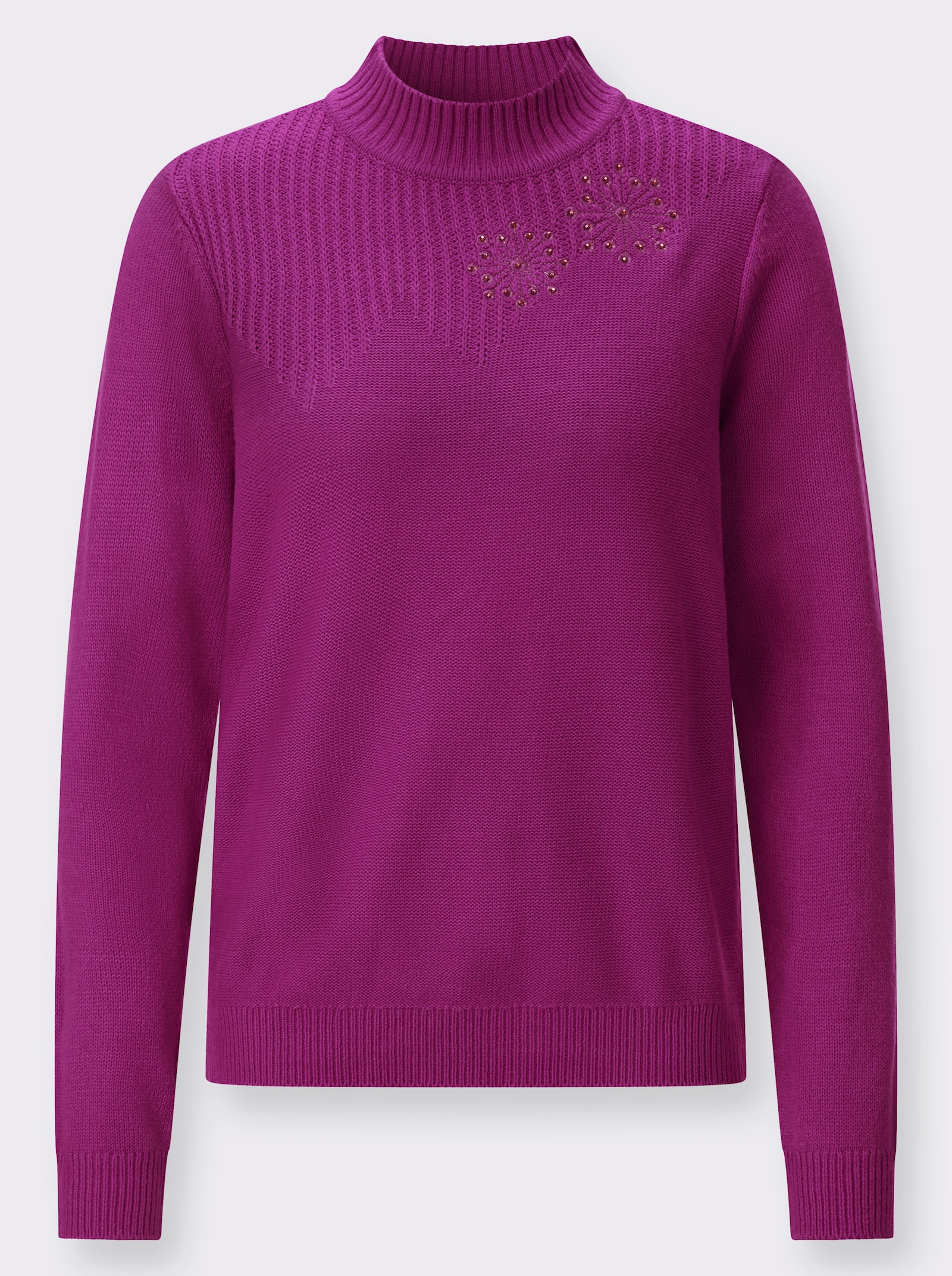 Stehkragenpullover mit Blütenstickerei - magenta