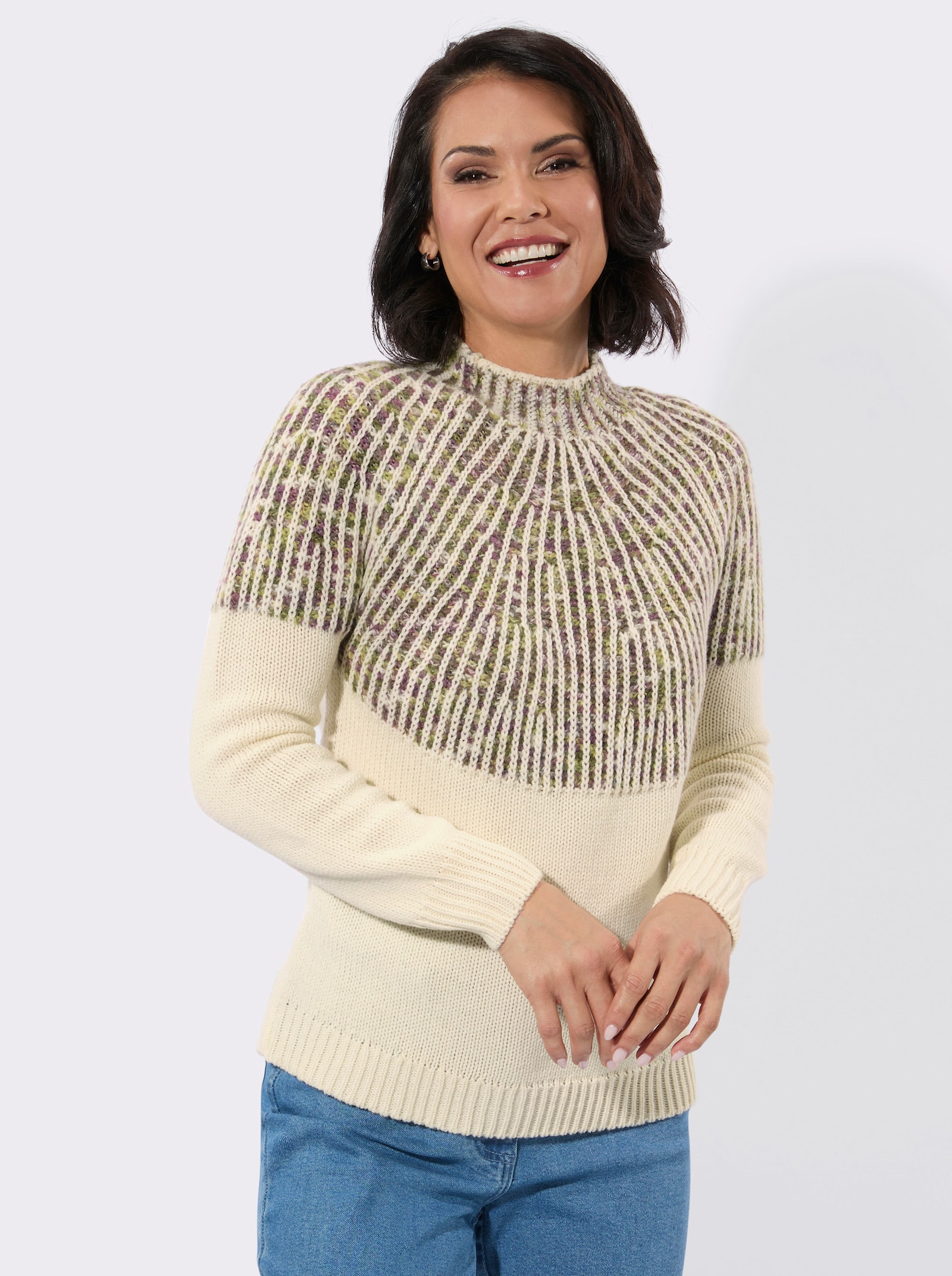 Norwegerpullover mit Rippabschlüssen - champagner-feige-gemustert