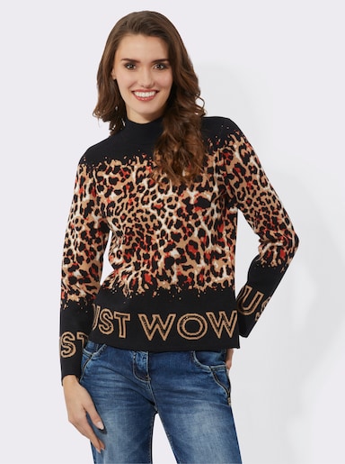 Pullover mit Animal-Jacquardmuster - schwarz-camel-gemustert