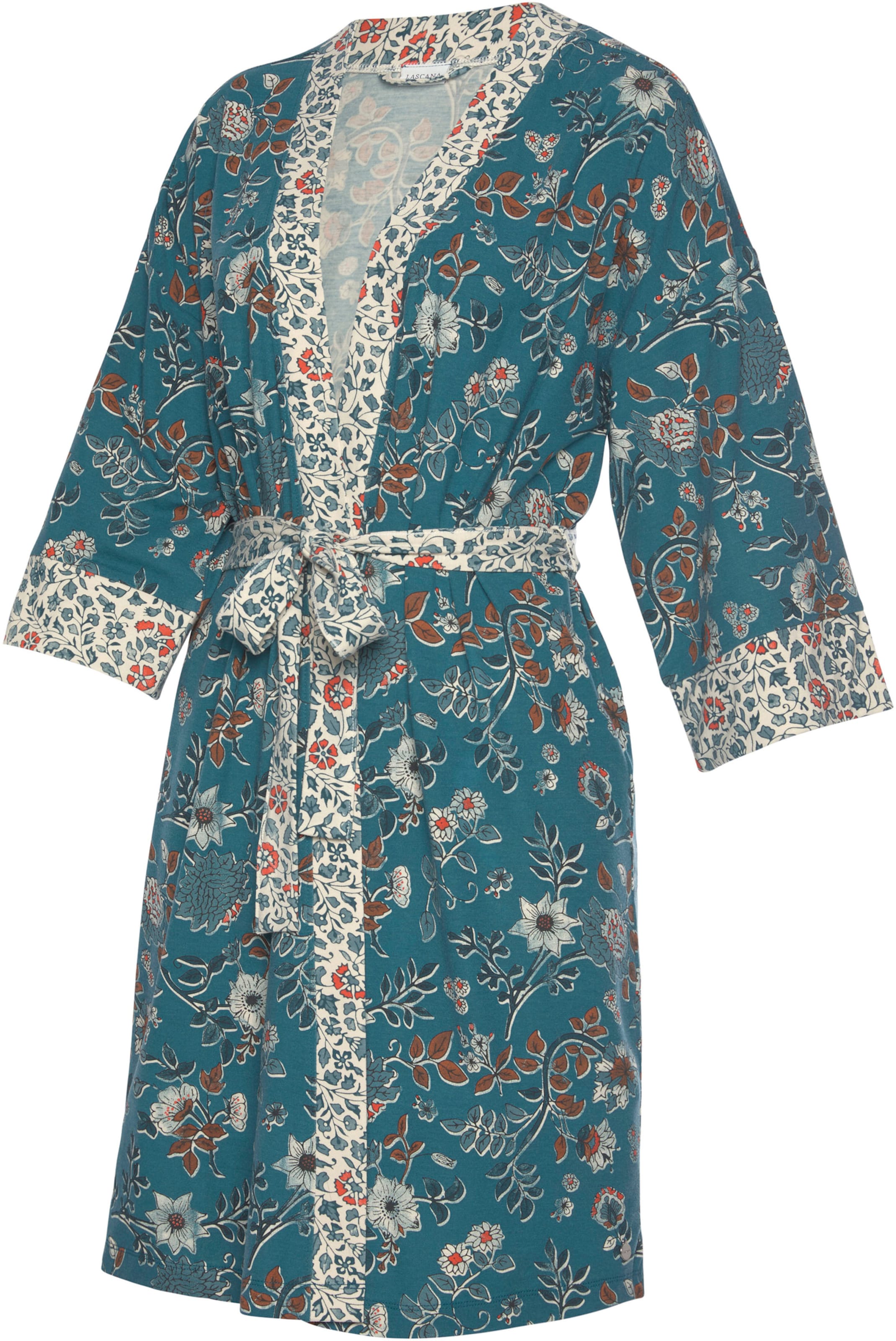 mit Oral günstig Kaufen-Kimono in rauchblau-ecru von LASCANA. Kimono in rauchblau-ecru von LASCANA <![CDATA[Verspielter Hausmantel mit floralem Print aus 60% Polyester, 36% Viskose, 4% Elasthan.]]>. 