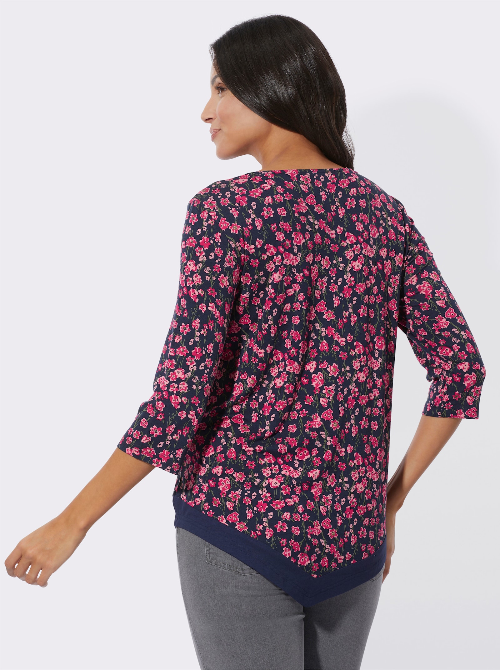 3/4-Arm-Shirt mit spitz zulaufendem Saum - marine-erdbeere-bedruckt