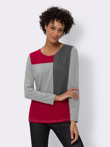 Langarmshirt , Ärmel und hinten Melange-Optik - rot-grau-gemustert