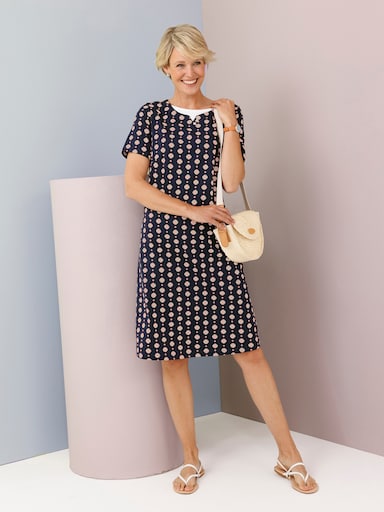 Jerseykleid mit einfarbigem Einsatz am Ausschnitt - marine-magenta-bedruckt
