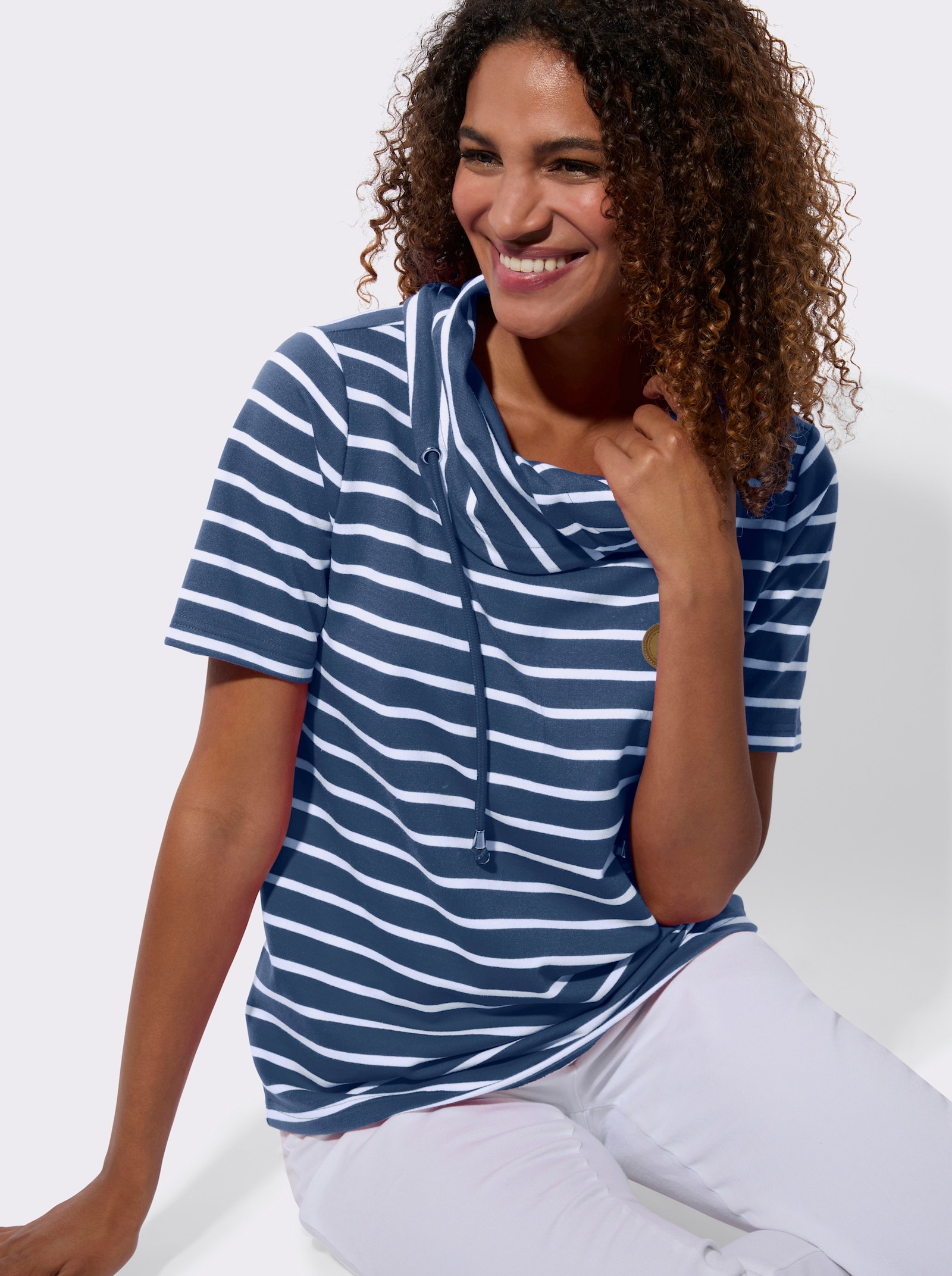 Sweatshirt mit Rollkragen - jeansblau-weiß-gestreift