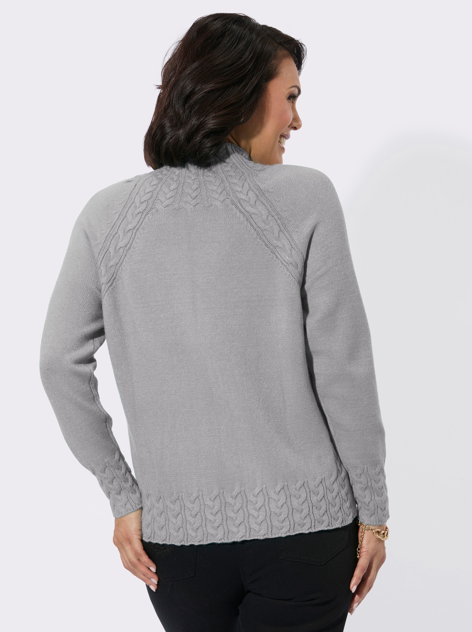 Stehkragenpullover mit Zopfmuster vorn - steingrau-meliert