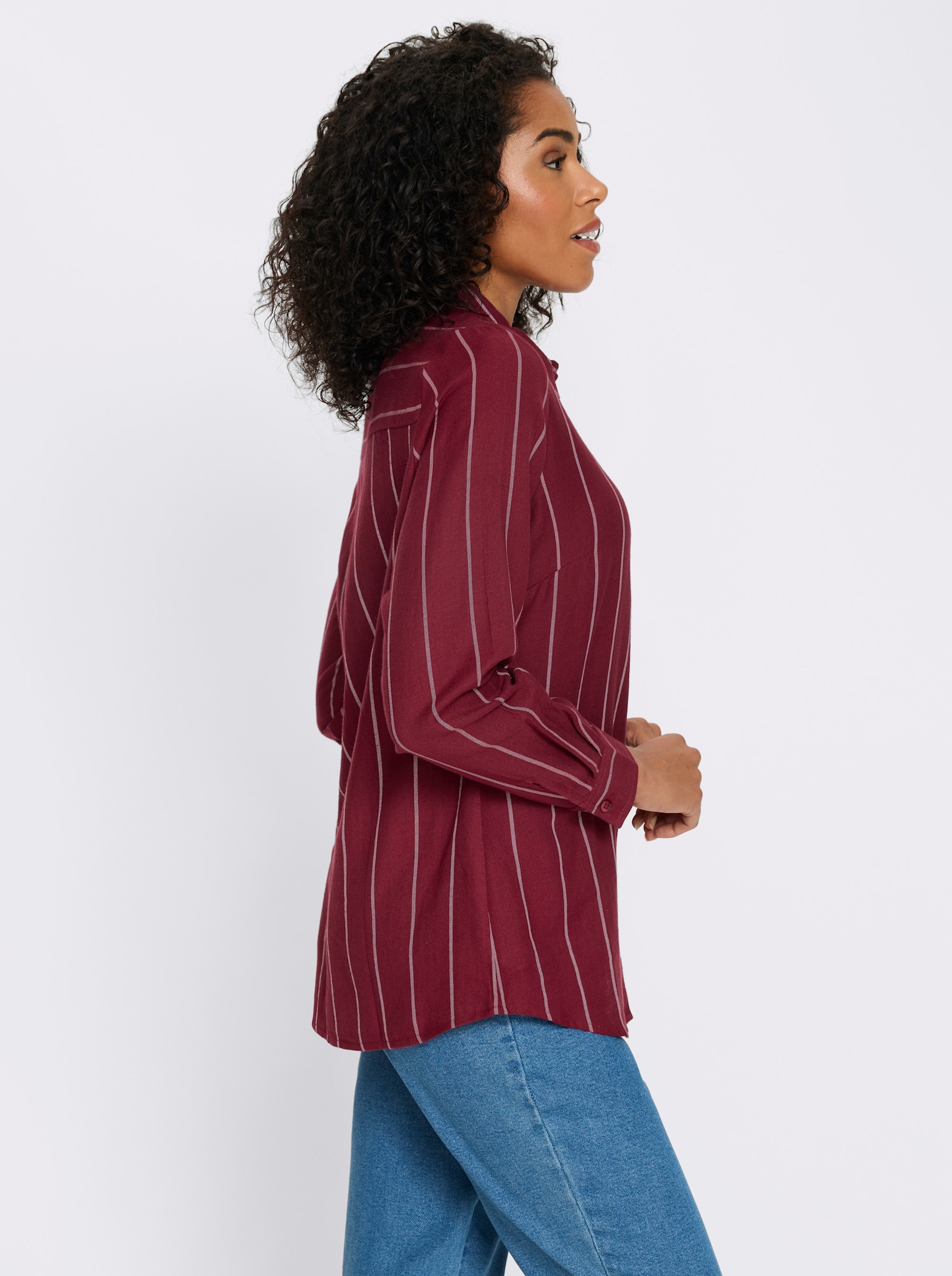 Longbluse im Streifen-Dessin - dunkelrot-ecru-gestreift