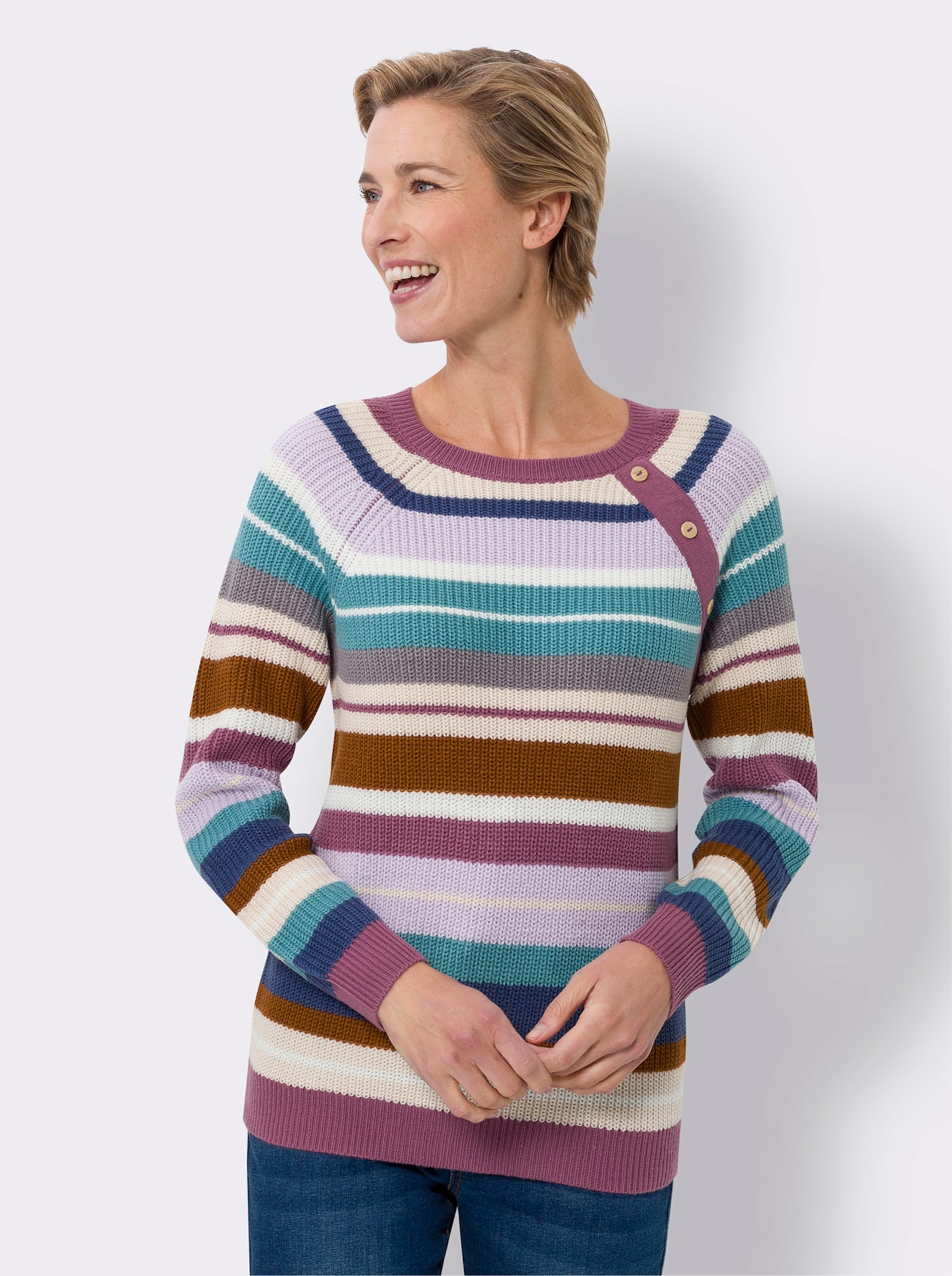Langarm-Pullover in Ripp-Optik - jeansblau-violett-gestreift