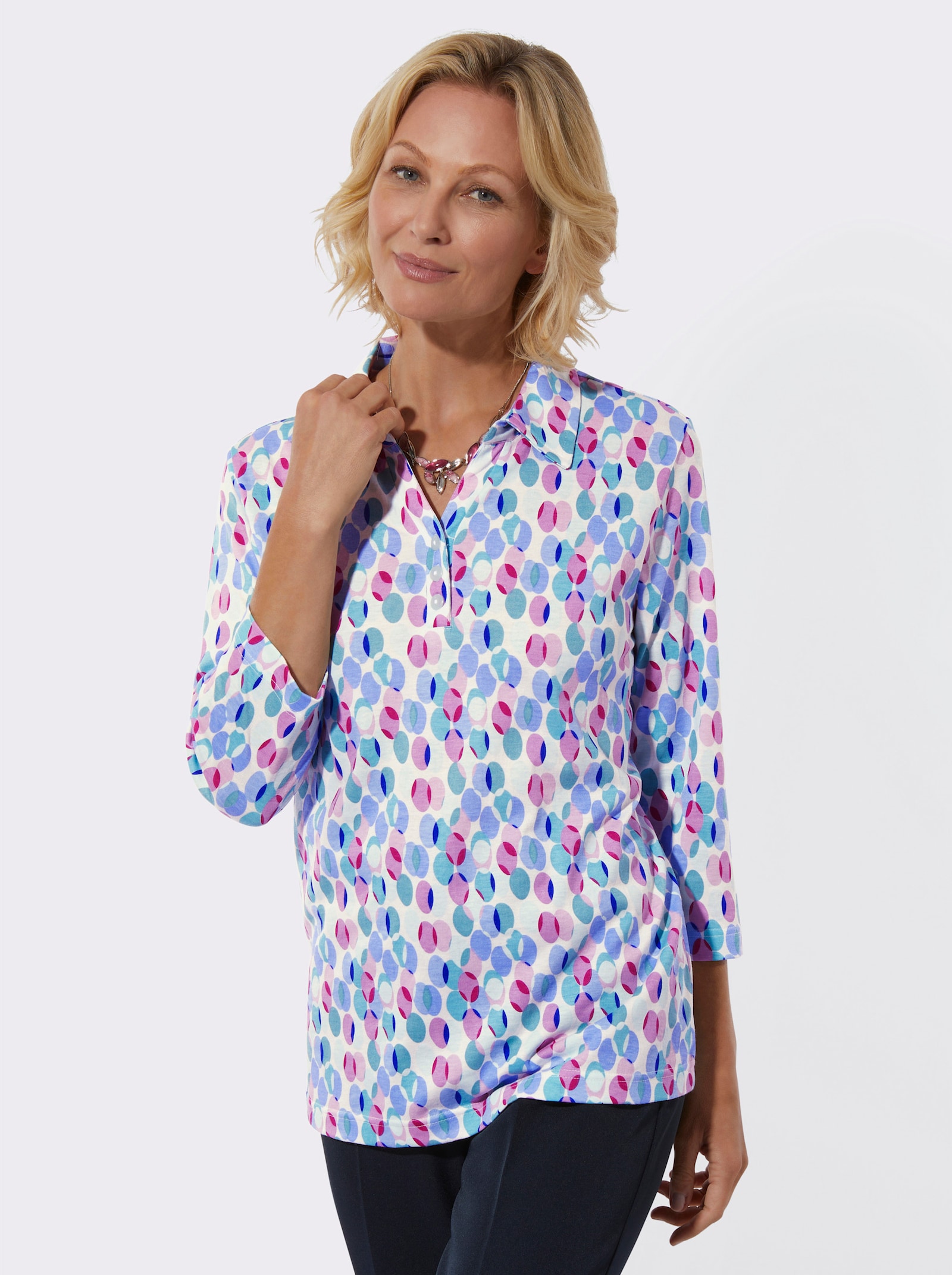 Poloshirt im Baumwoll/Modal-Mix - ecru-orchidee-bedruckt