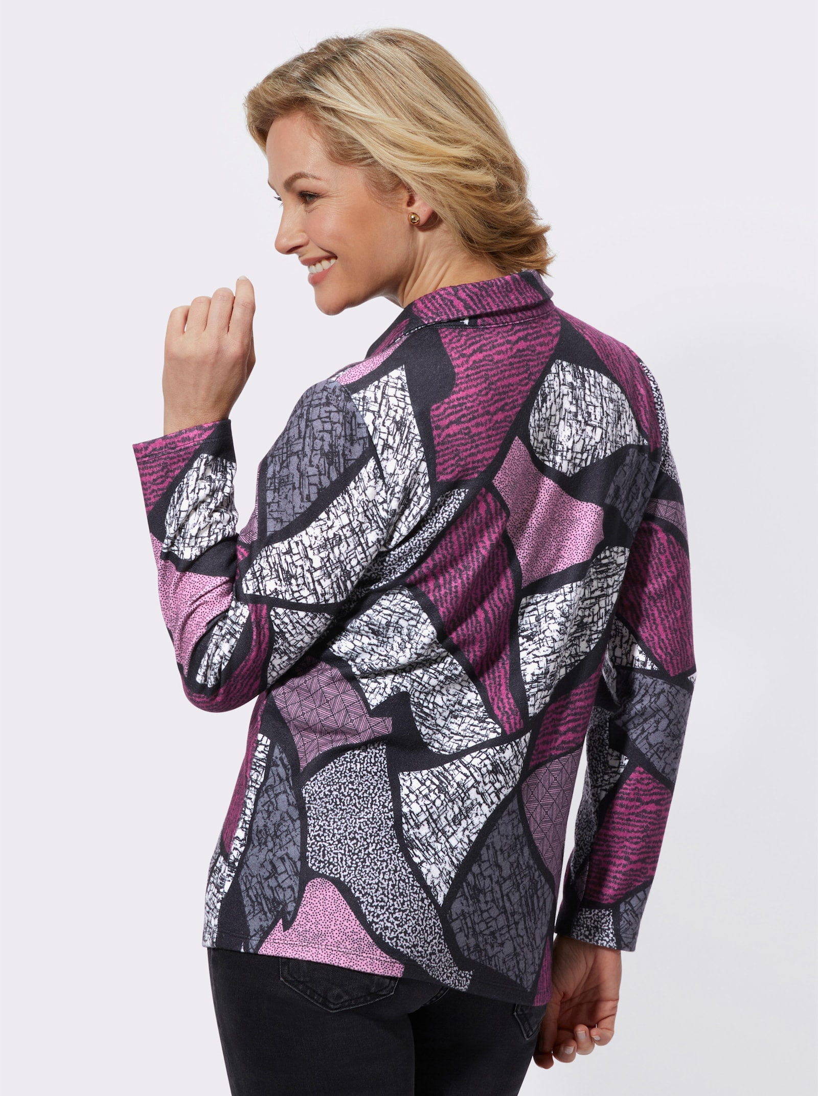 Langarmshirt im Grafik-Dessin - altrosa-schwarz-bedruckt