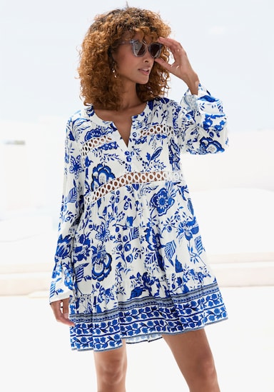 LASCANA Longbluse - creme-blau bedruckt