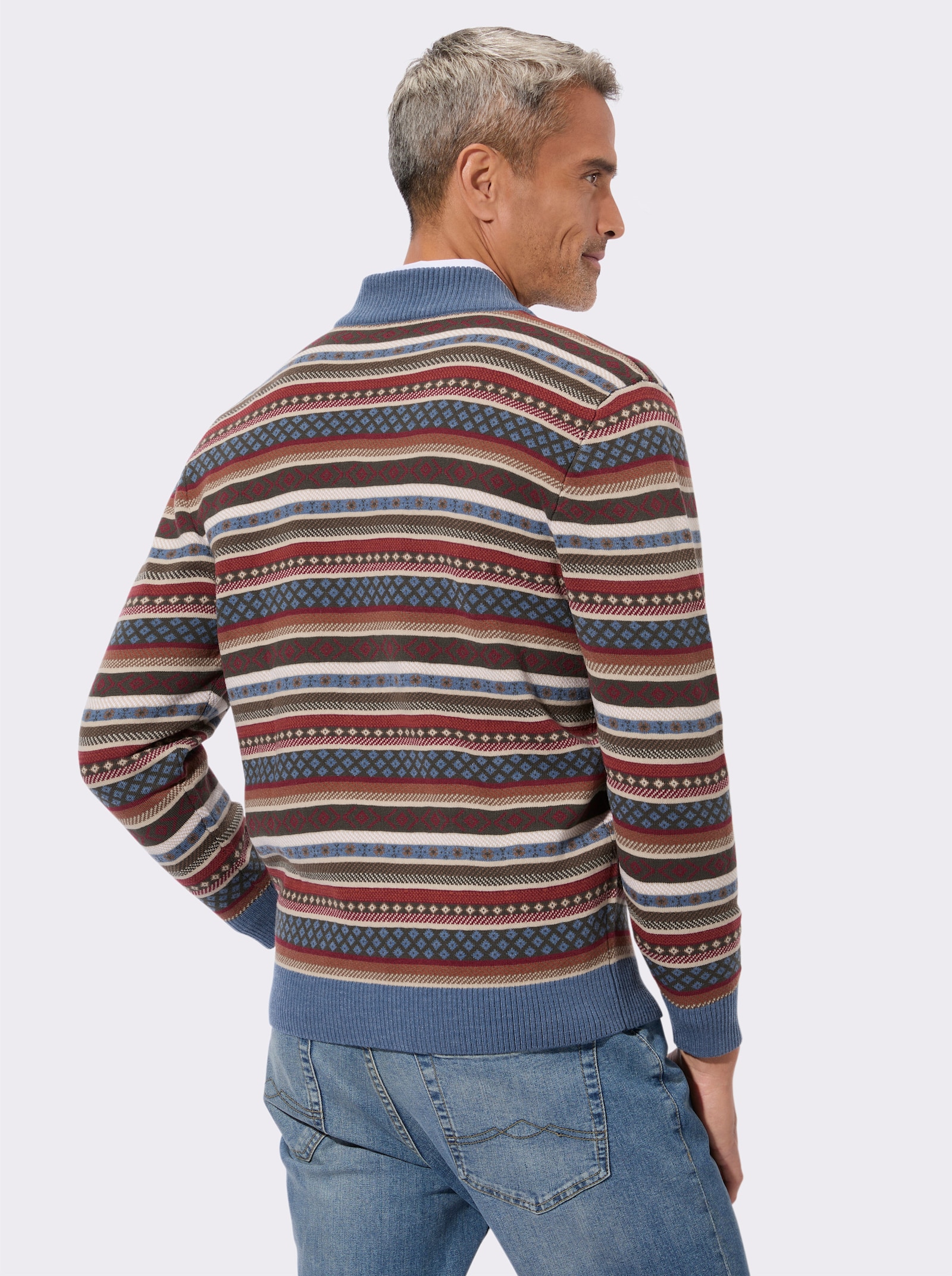 Stehkragenpullover im Norweger-Strickmuster - jeansblau-gemustert