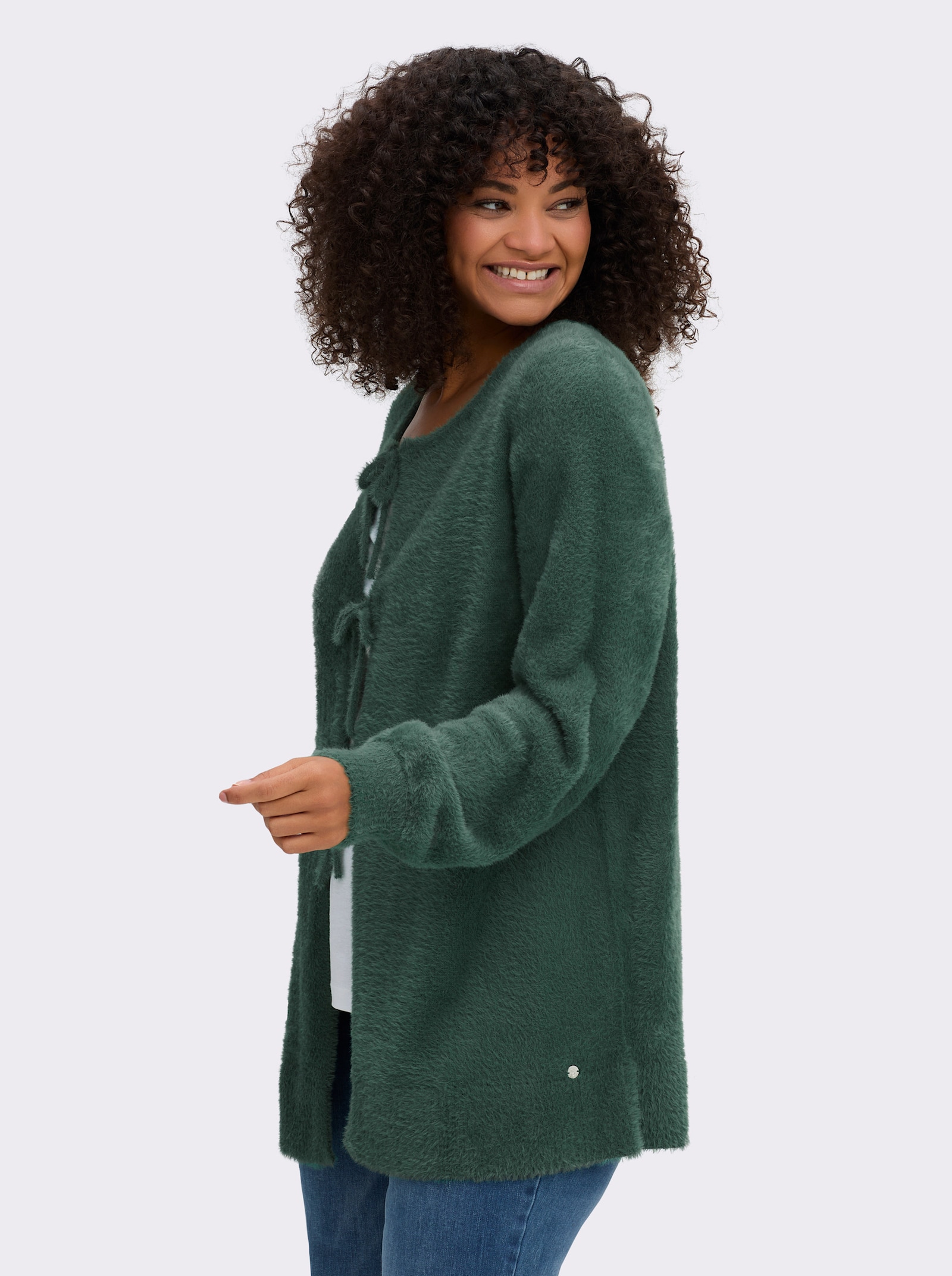 sheego Strickjacke mit Bindebändern und Ballonärmeln - moos