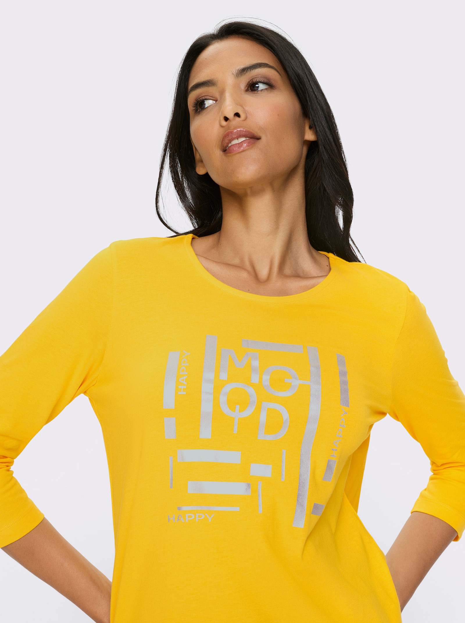 Shirt met 3/4-mouwen en zilverkleurige folieprint - zonnegeel