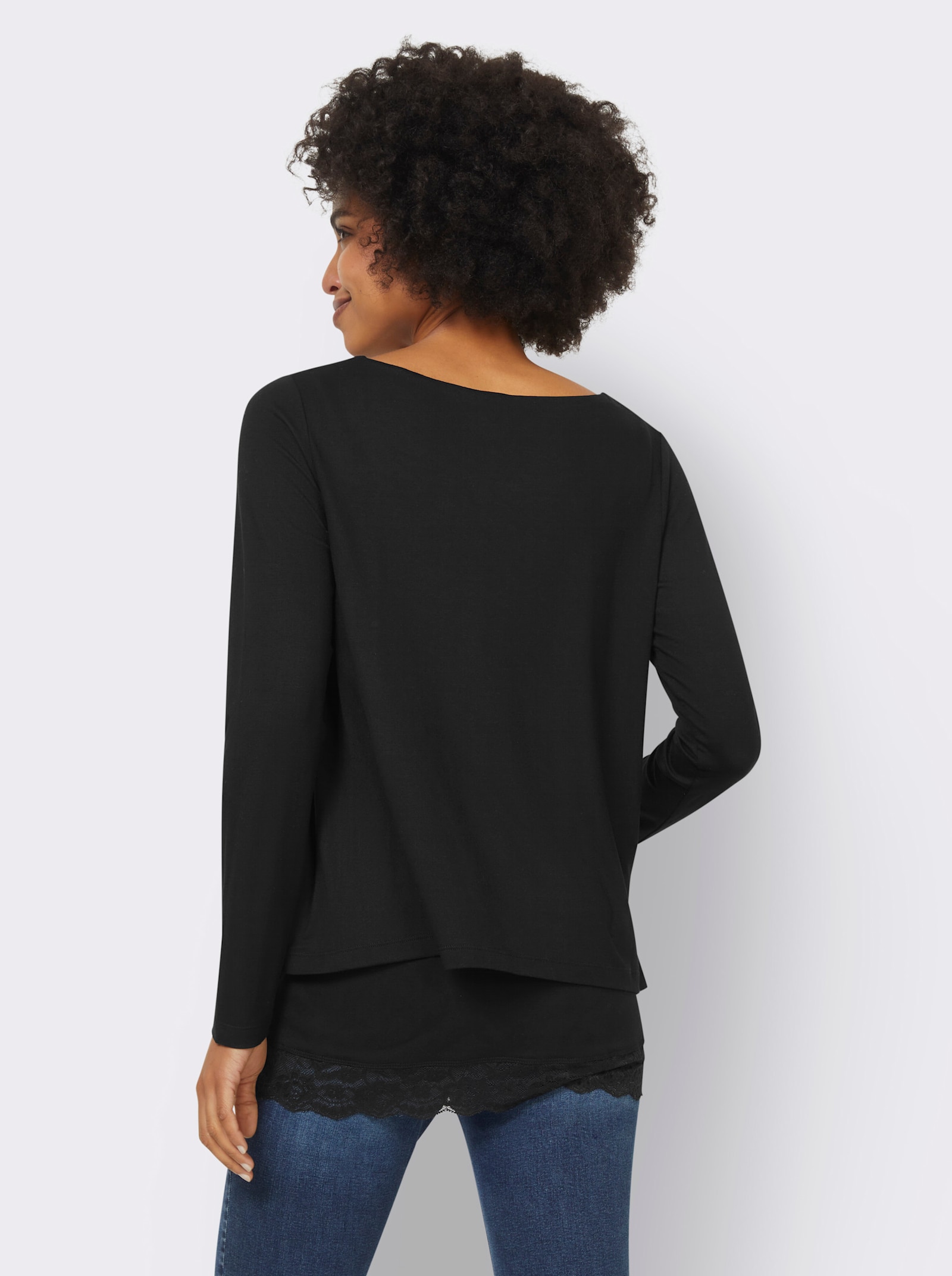 heine Shirt met lange mouwen en kanten zoom - zwart