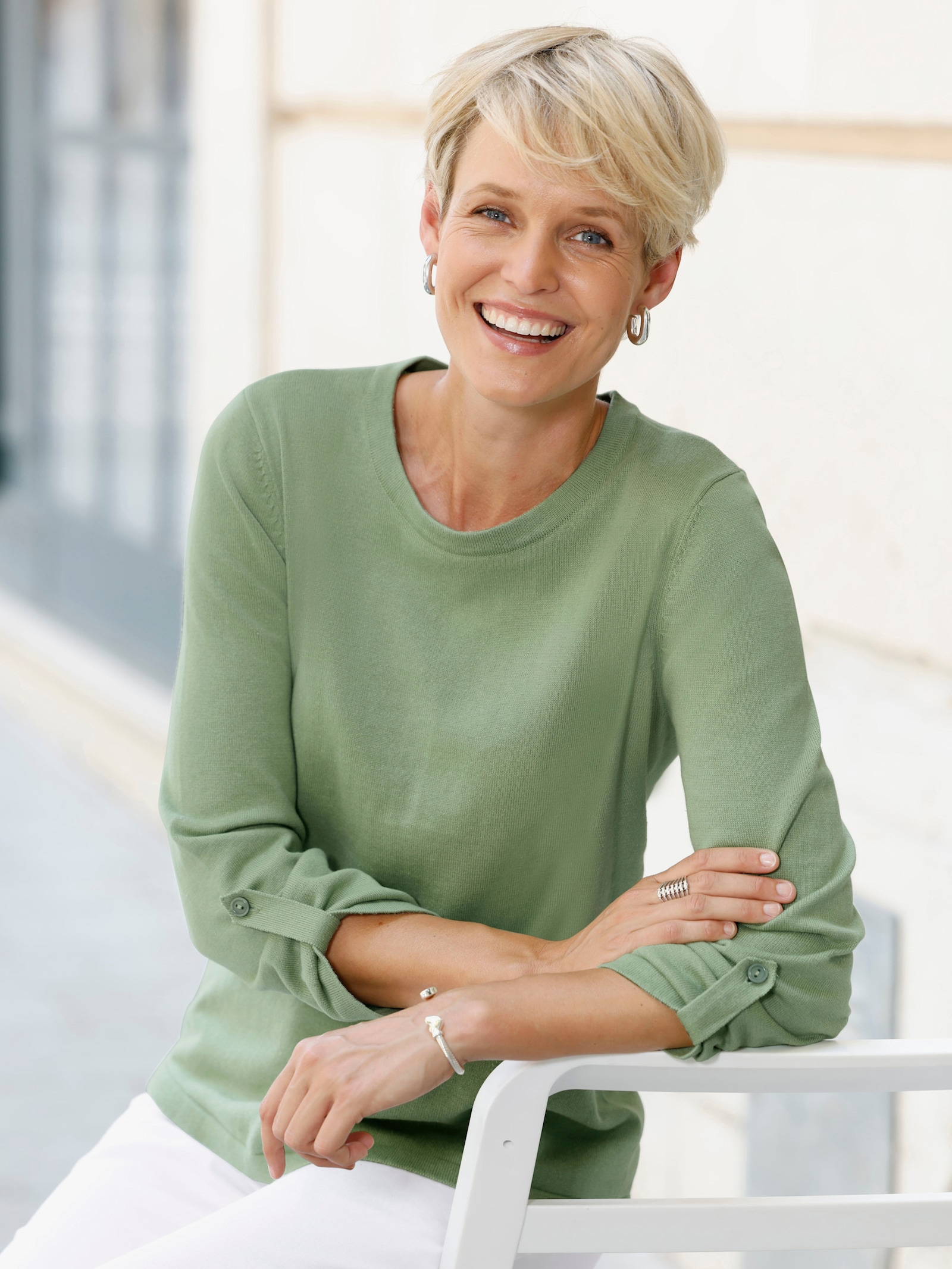 3/4 Arm-Pullover aus reiner Baumwolle - eucalyptus