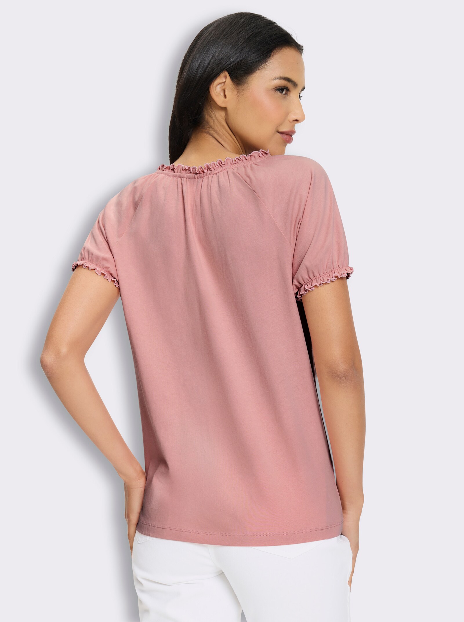 Trachtenshirt mit Rüschen und Bindeband - rosenquarz