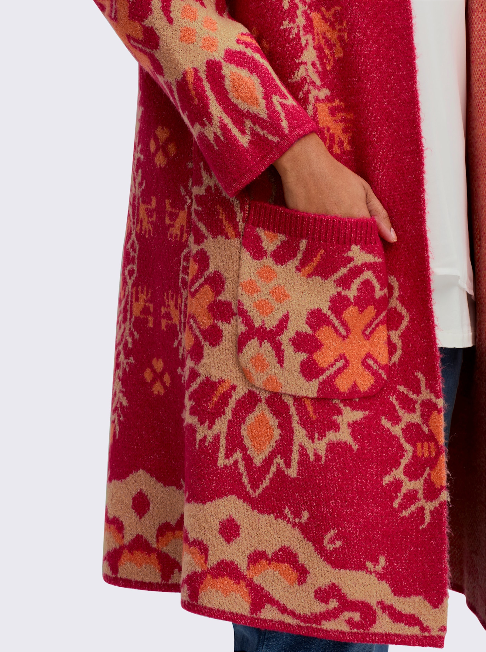 sheego by Joe Browns Strickmantel mit Blüten-Jacquardmuster - erdbeere-camel-gemustert