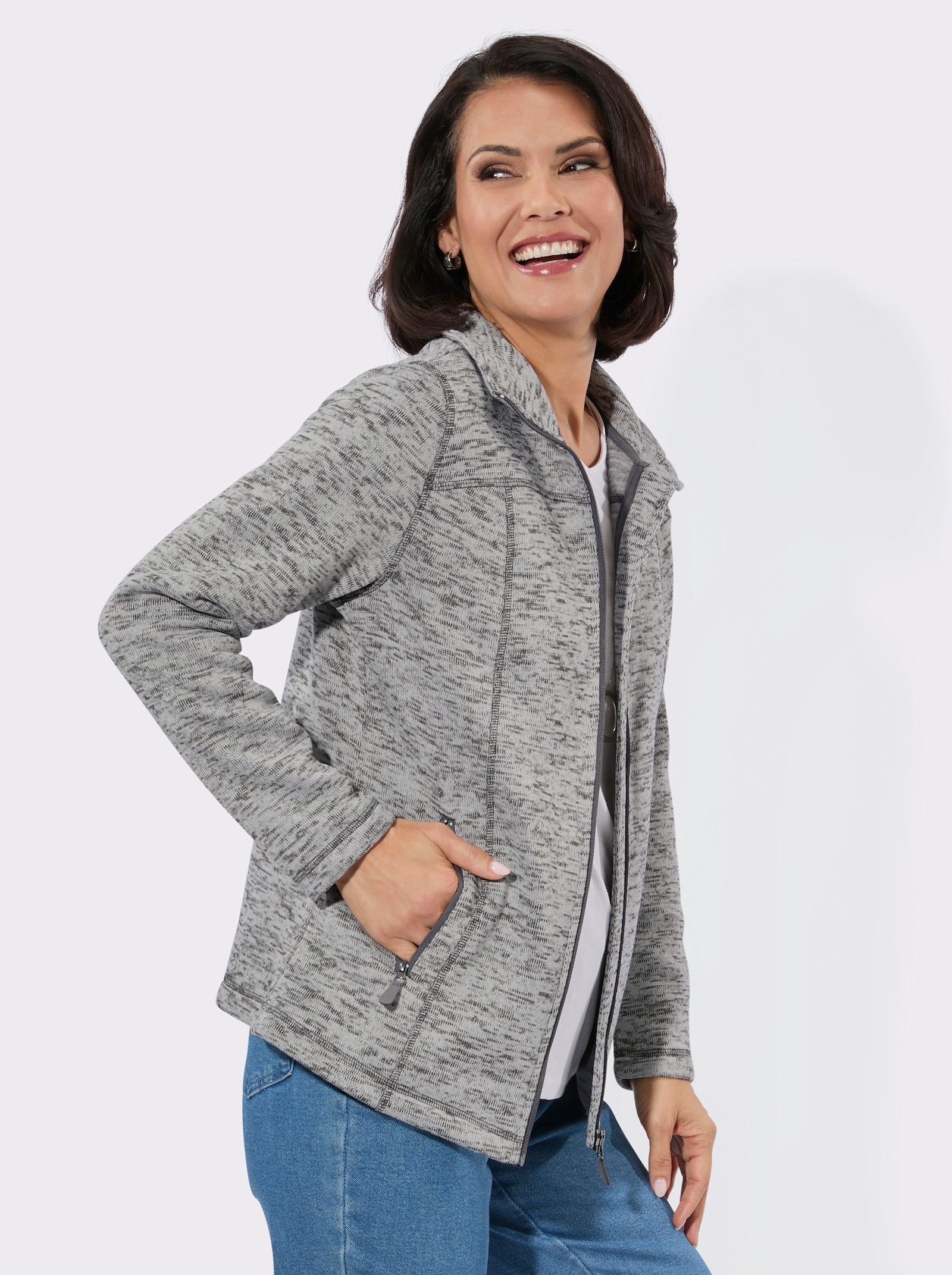 Strickfleece-Jacke mit Teilungsnähten - hellgrau-meliert