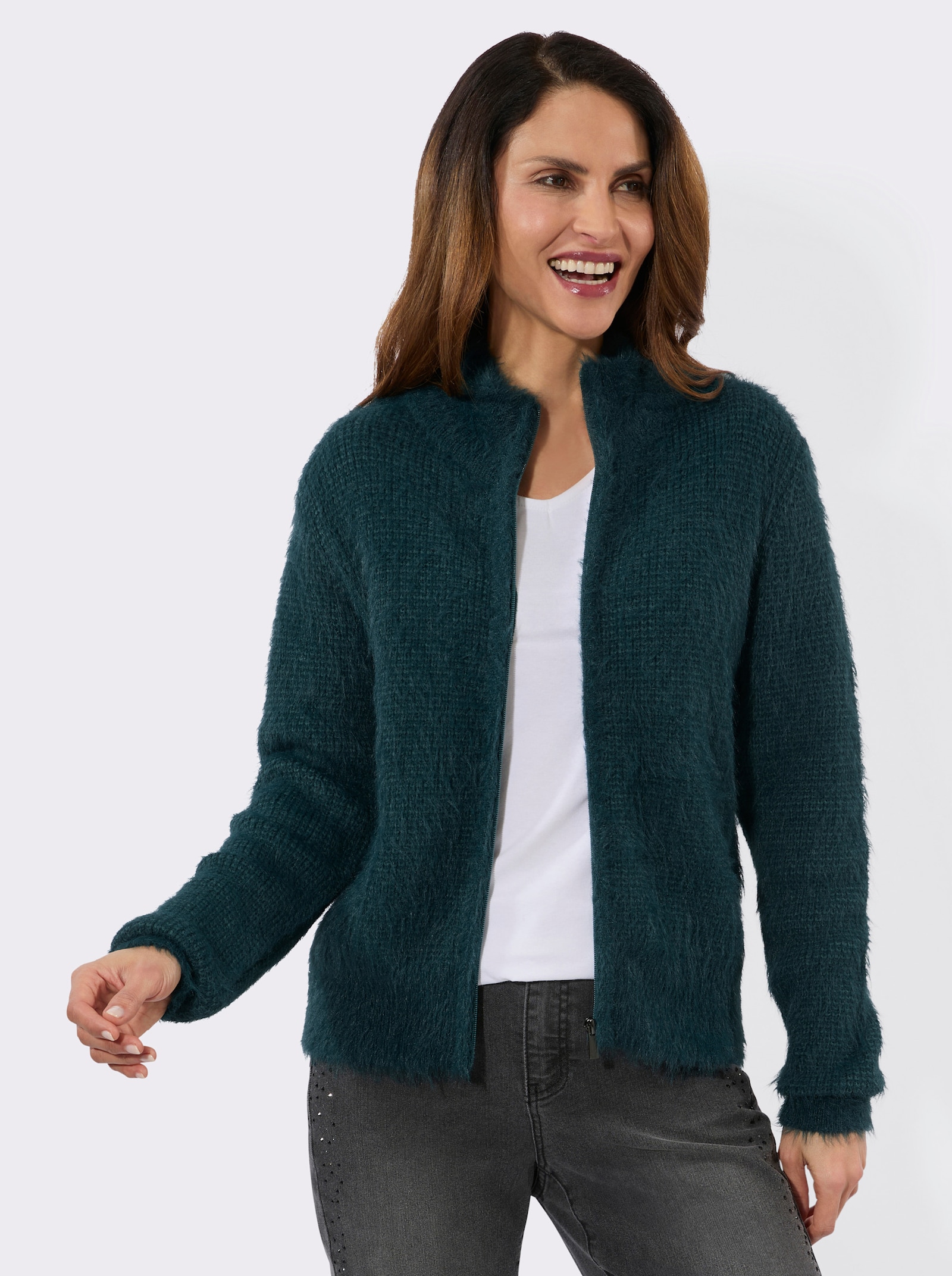 Strickjacke aus Flauschgarn - petrol