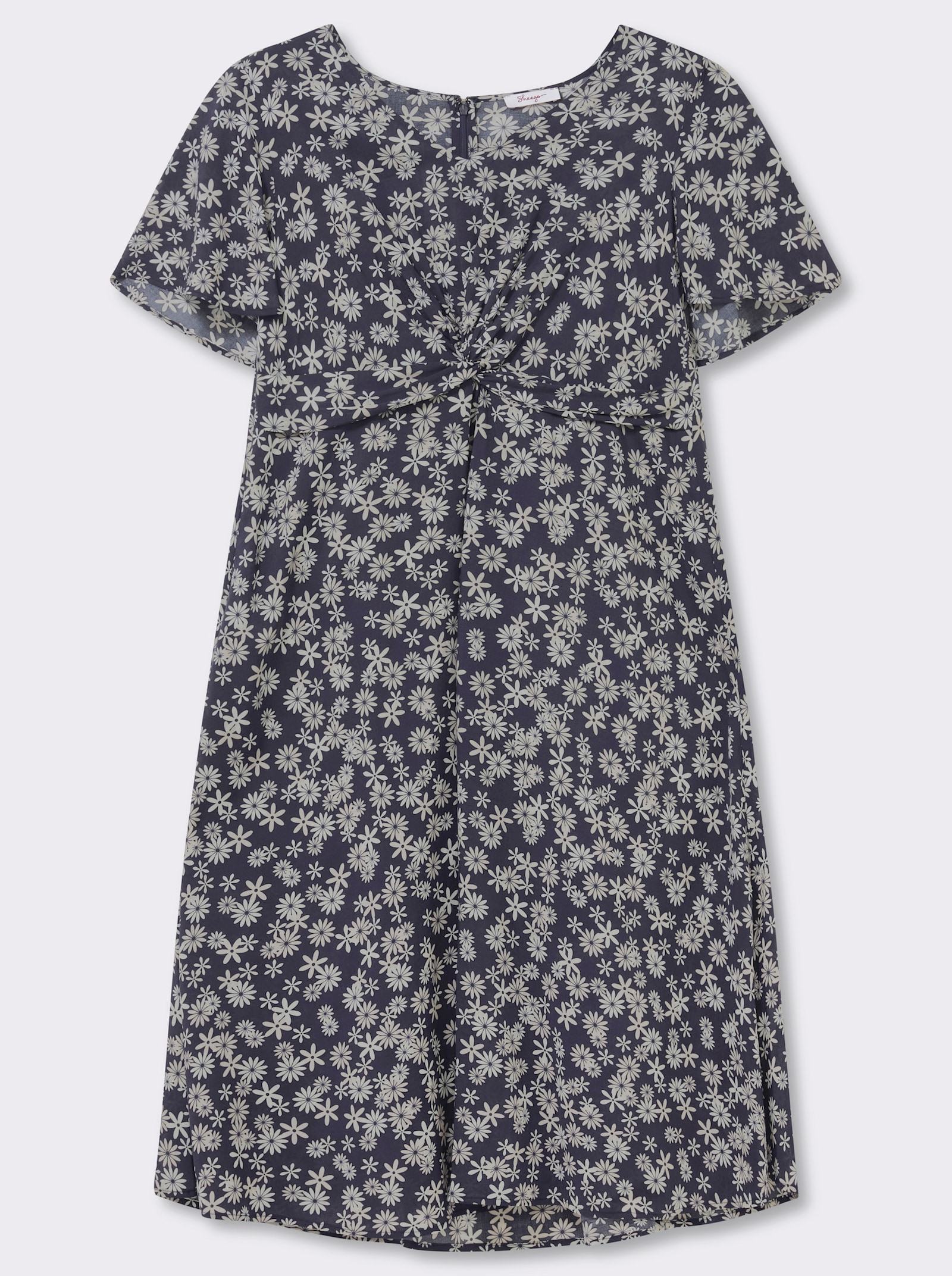 sheego Blumenkleid mit Knotendetail - tiefblau-champagner-bedruckt