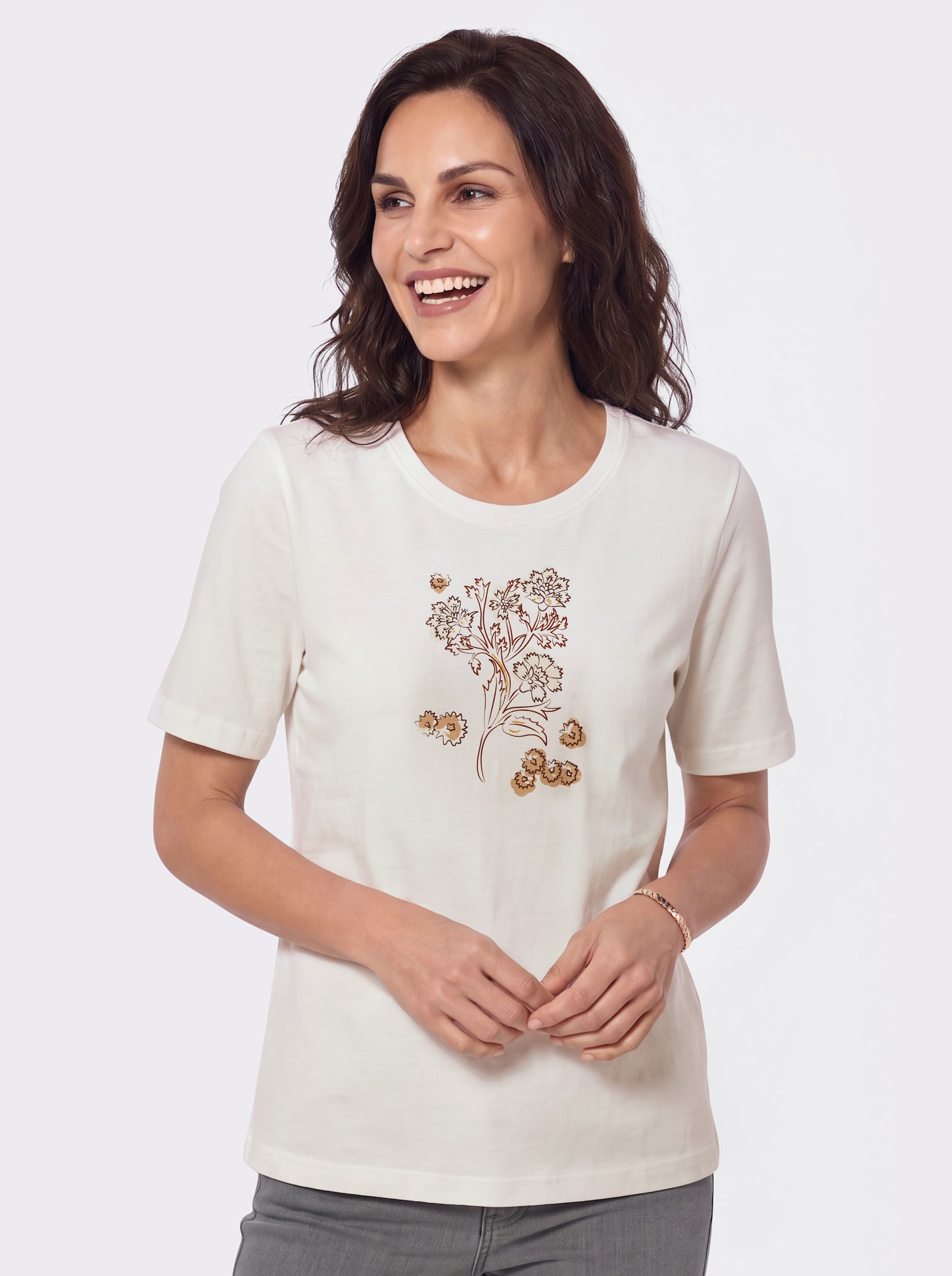 Rundhalsshirt mit Blütendruck vorne - ecru-schoko