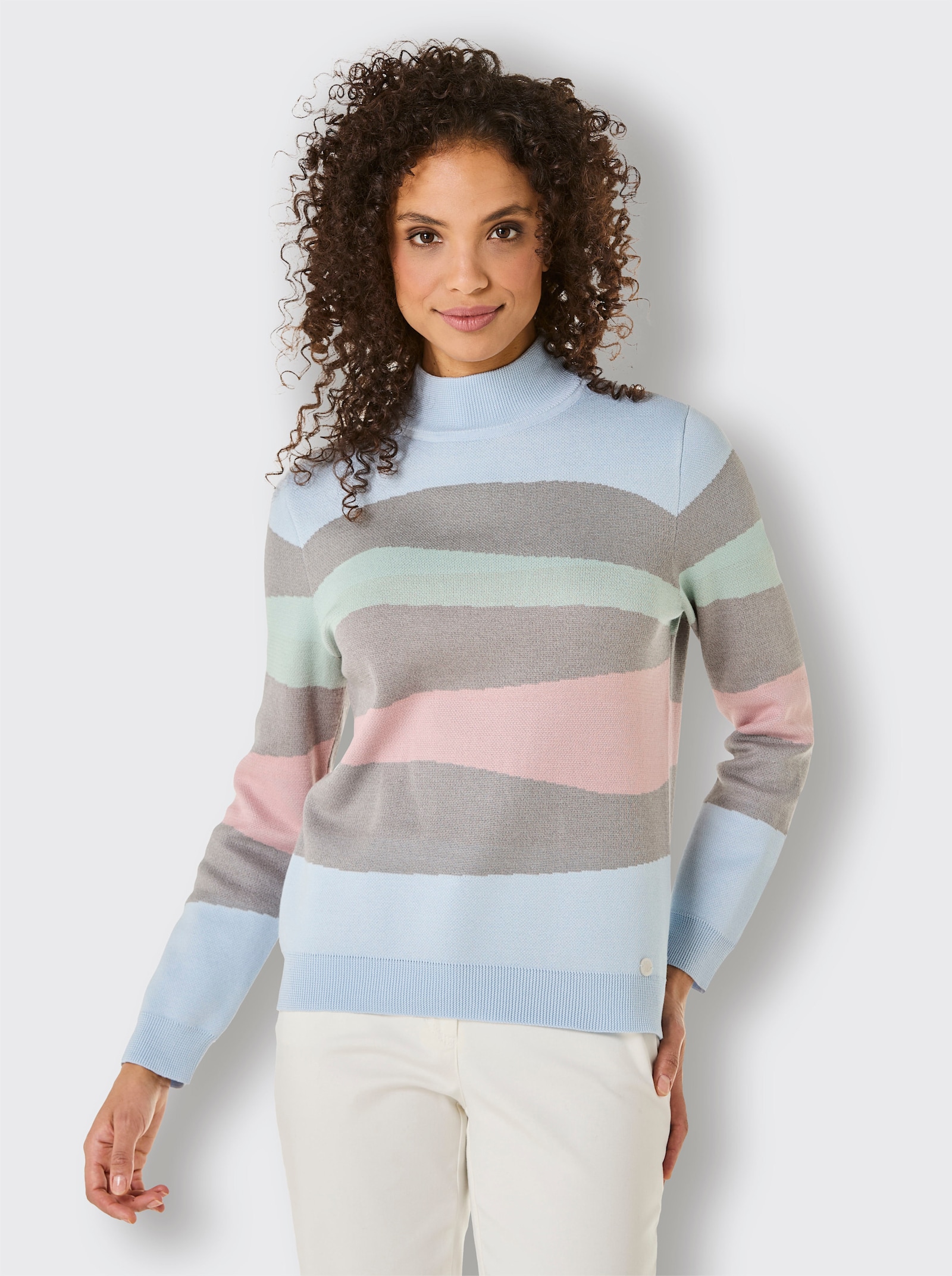 CREATION L PREMIUM Pull à col montant avec motif jacquard, multicolore - gris-bleu à motifs
