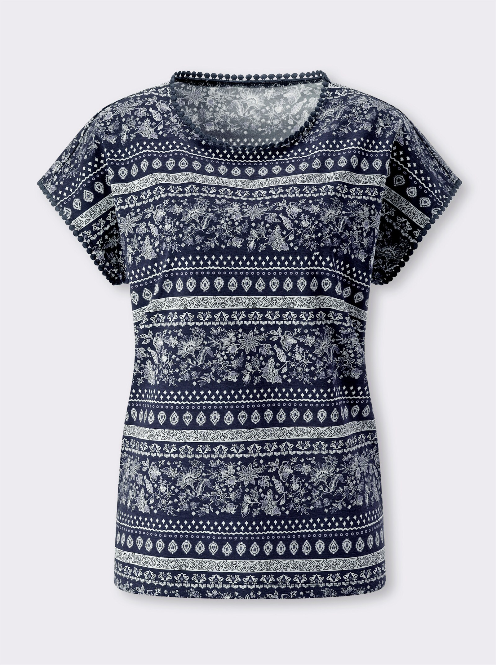 Kurzarmshirt mit überschnittenen Schultern - marine-taubenblau-bedruckt