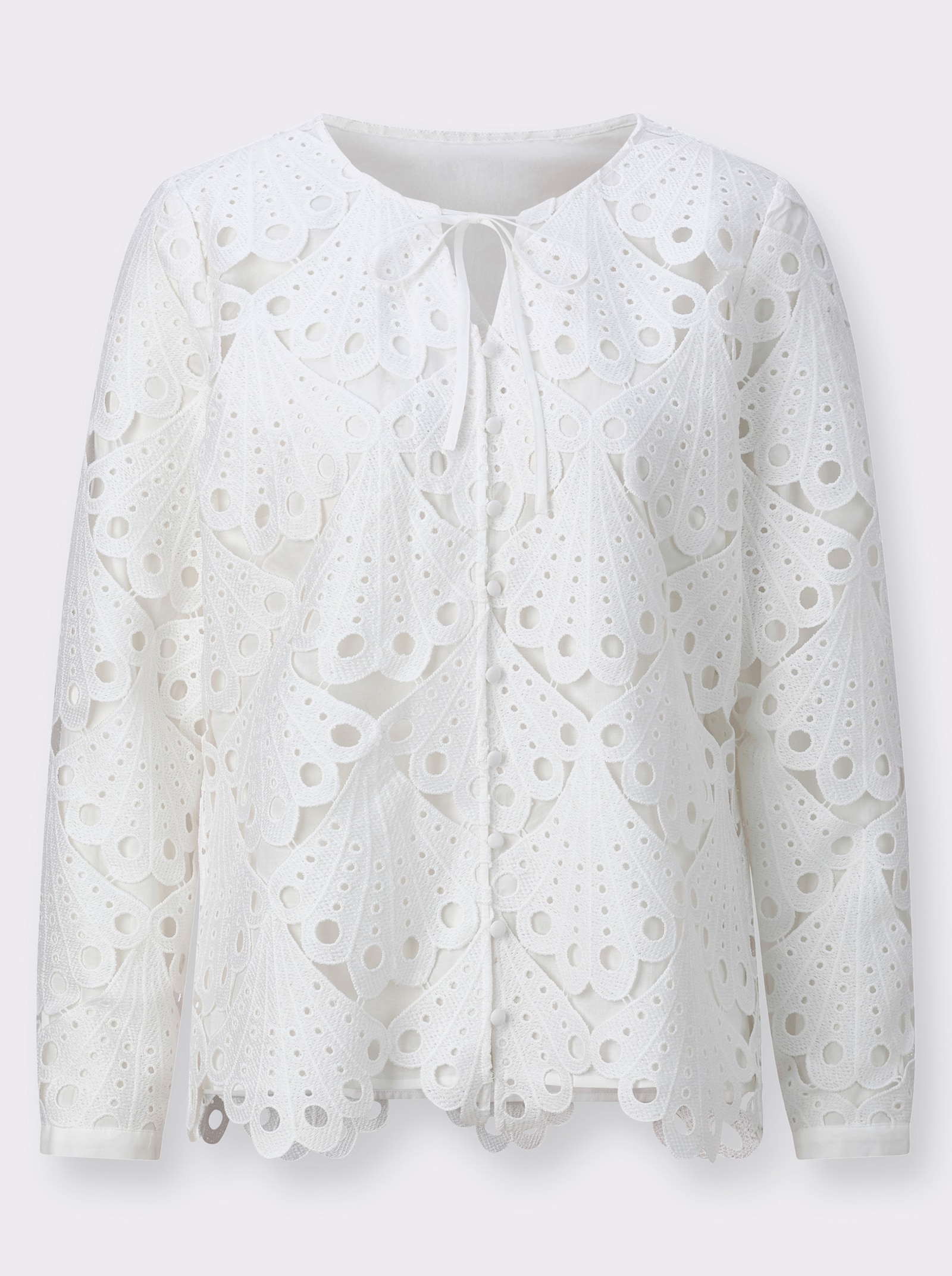 Spitzenbluse mit Schlingenknopf-Leiste - ecru