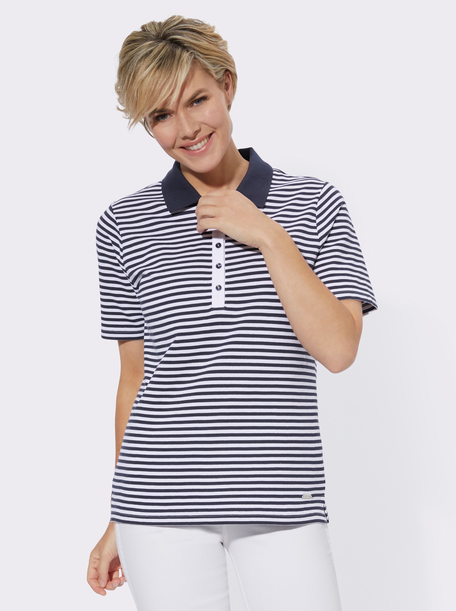 Poloshirt in Pikee-Qualität - marine-weiß-geringelt