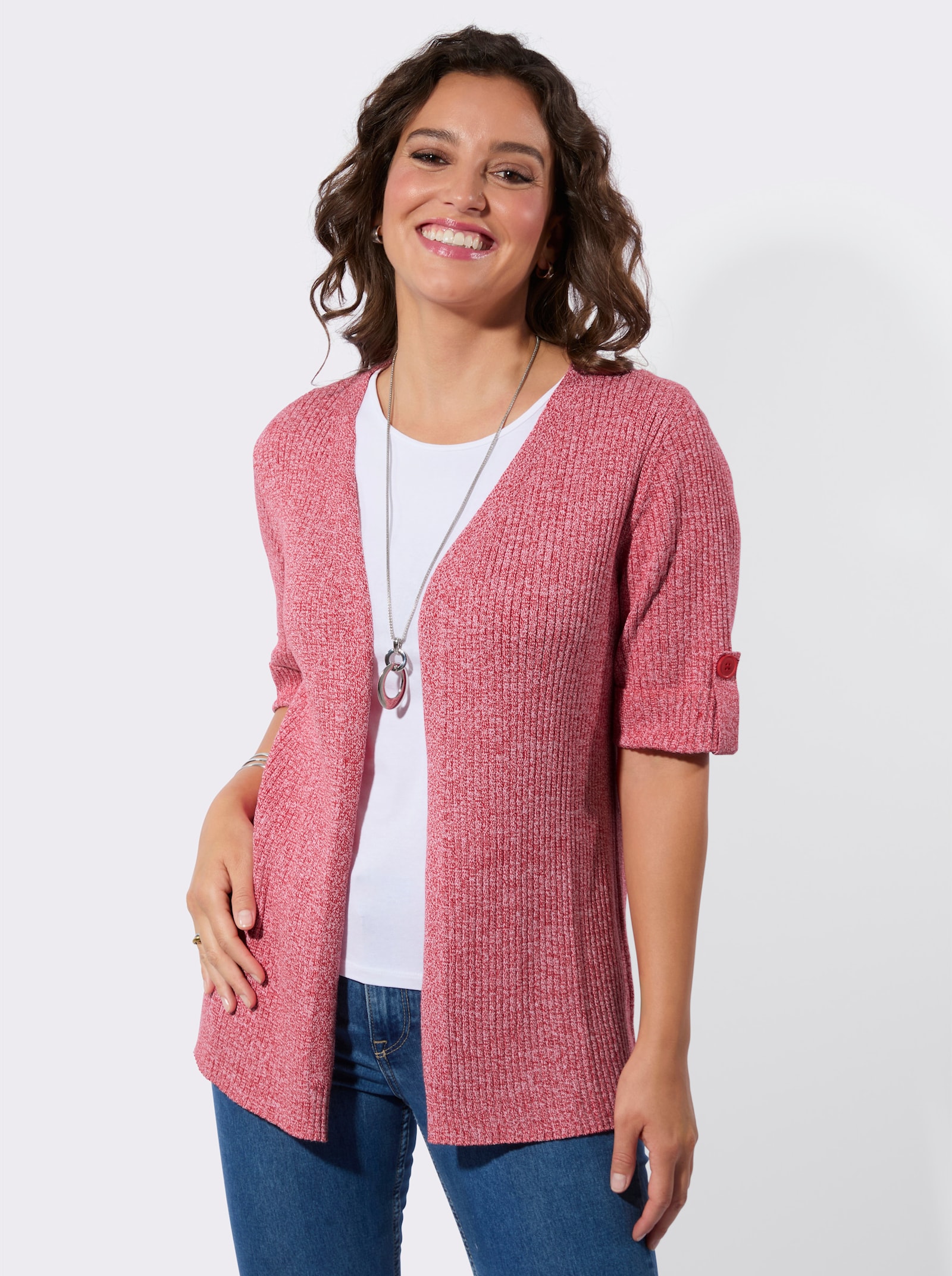 Vest van gemêleerd garen, onderhoudsarm - aardbei/wit gemêleerd